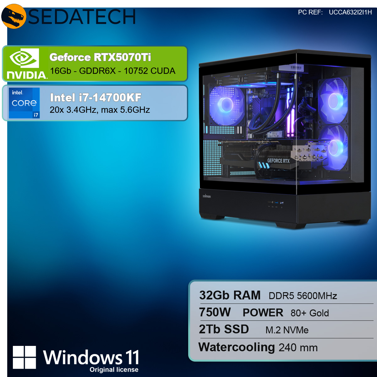 Un case per computer con componenti. Presenta GeForce RTX5070Ti, Intel i7-14700KF e 32Gb RAM, alimentatore da 750W.
