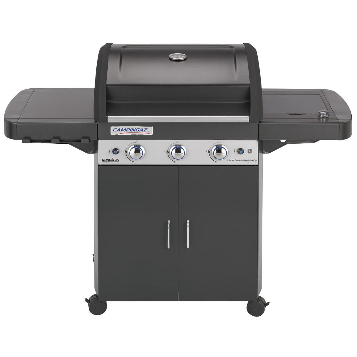 Griglia grigio scuro con coperchio nero e due porte, con sfondo bianco.