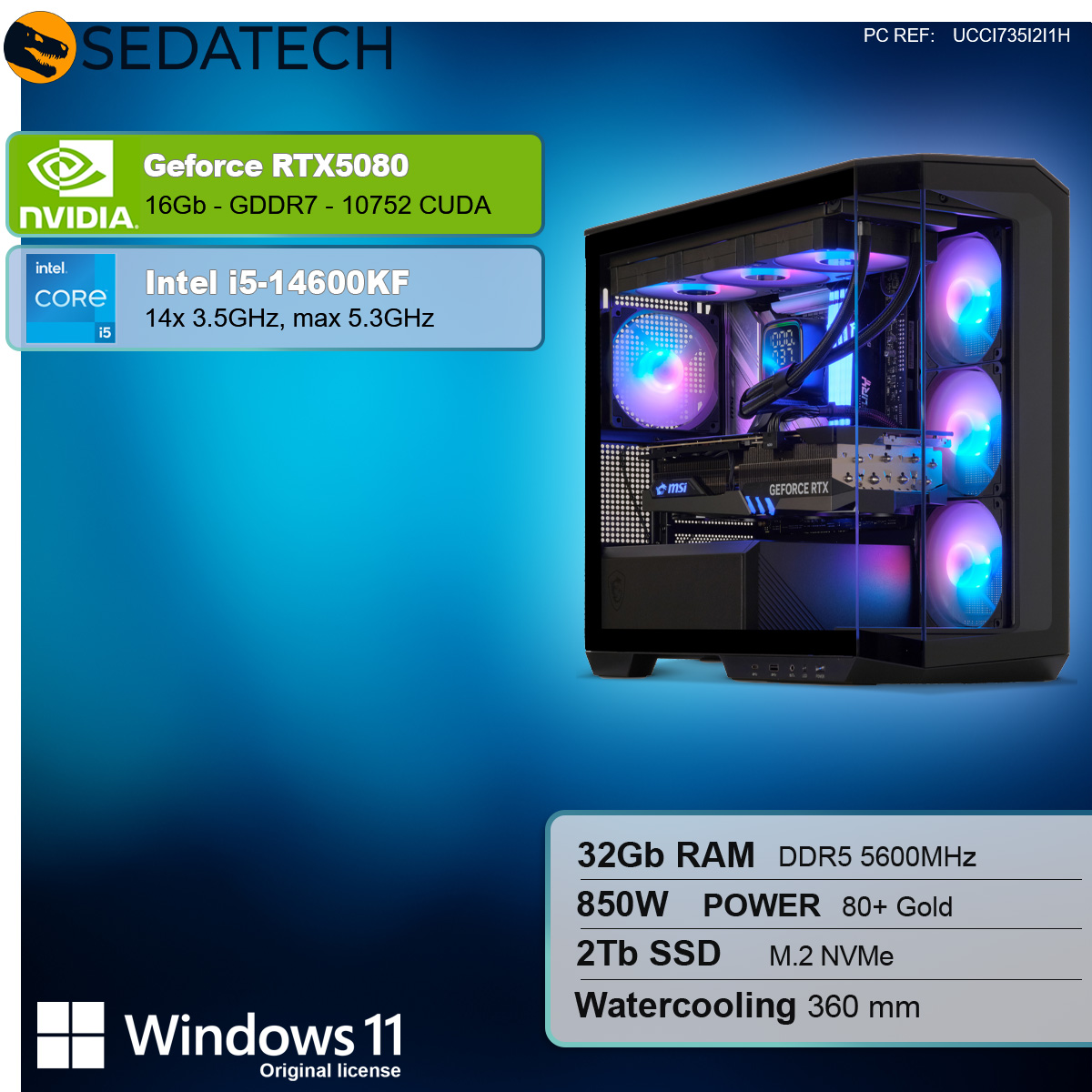 Un computer nero con luci luminose, specifiche e testo su sfondo bianco.