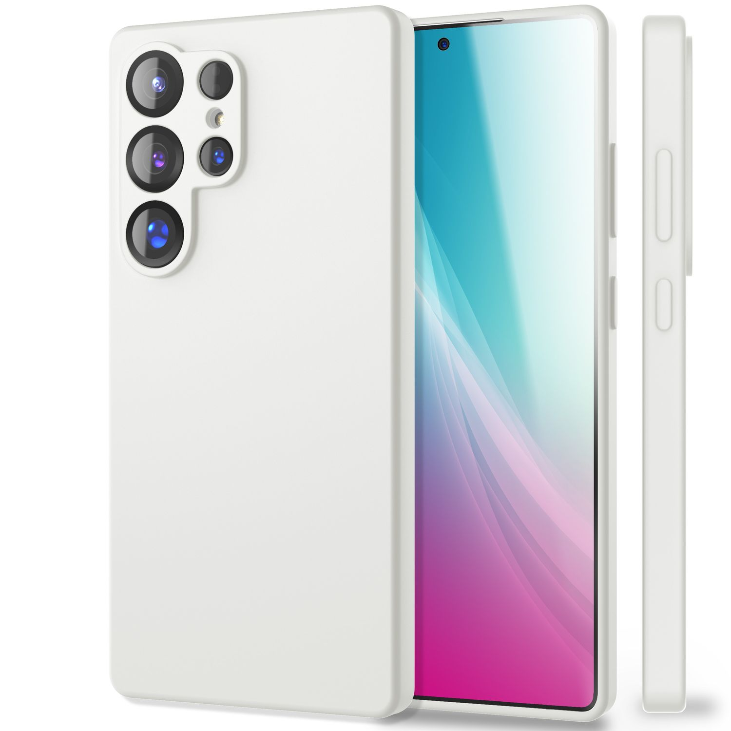 Weißes Handycase mit drei Kameras. Es ist auf weißem Hintergrund. Seitenansicht enthalten.