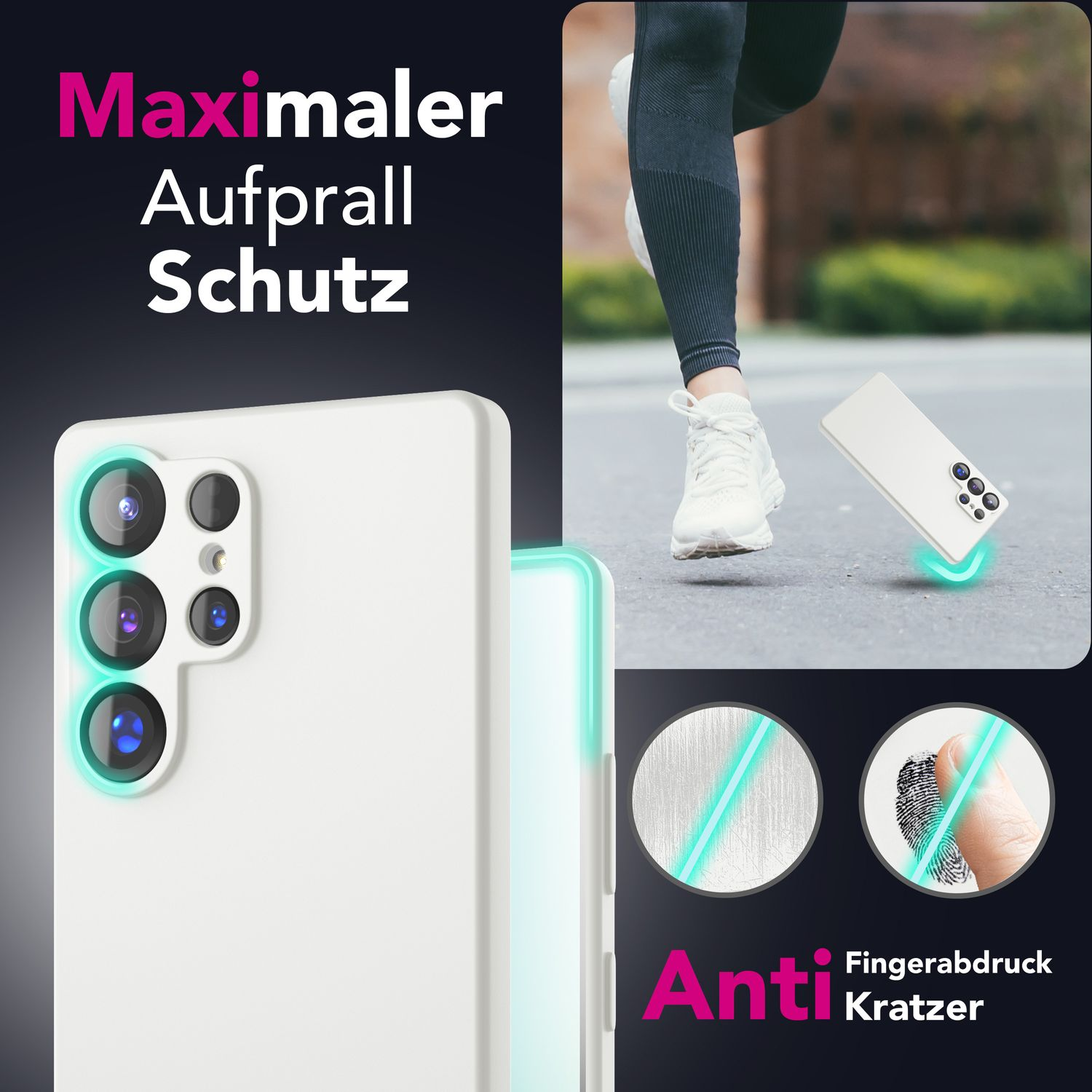 Ein weißes Telefon mit Schutzhülle, das Kratz- und Fingerabdruckschutz hervorhebt.