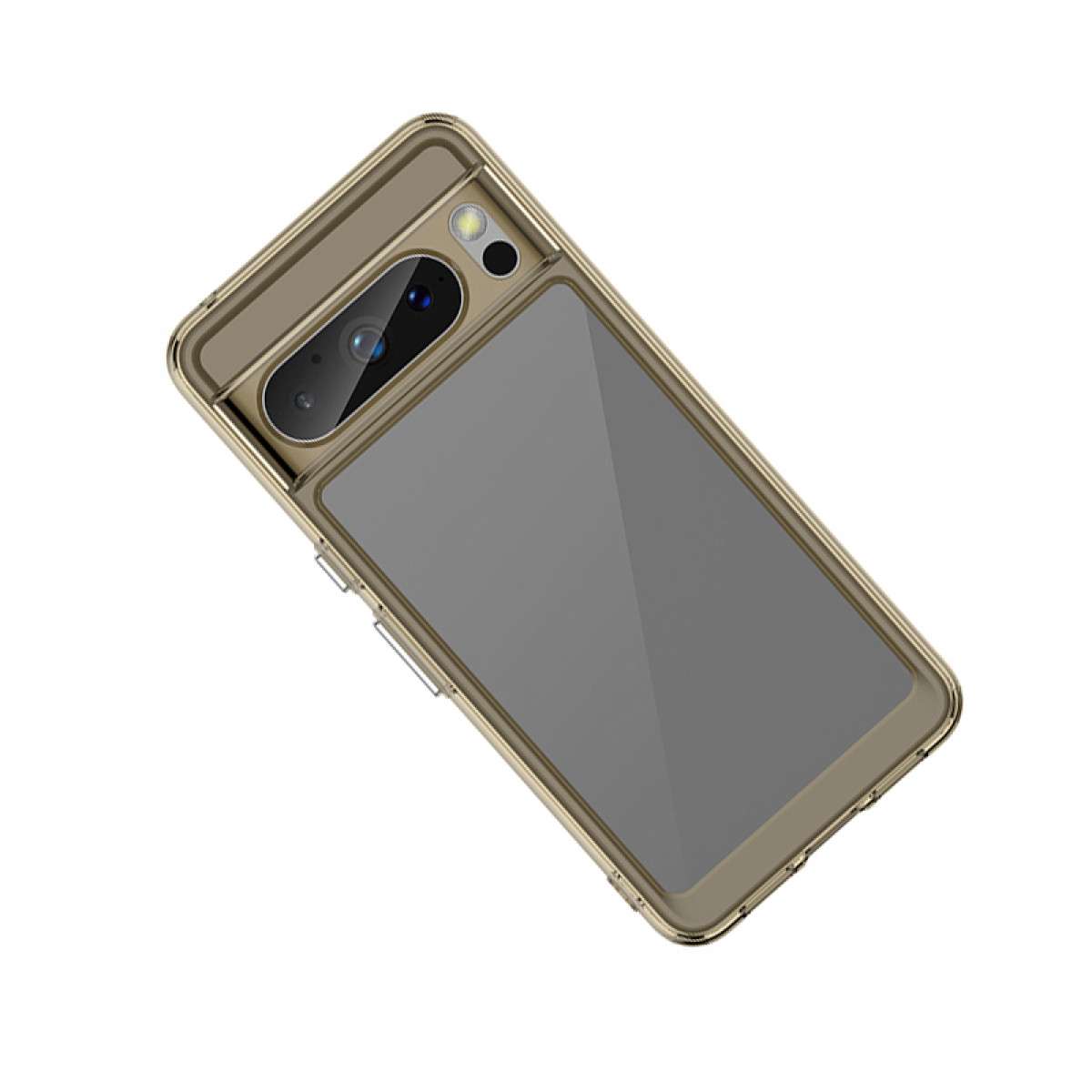 Una custodia per telefono dorata con un telefono all'interno. La custodia ha un foro per la fotocamera e uno schermo.