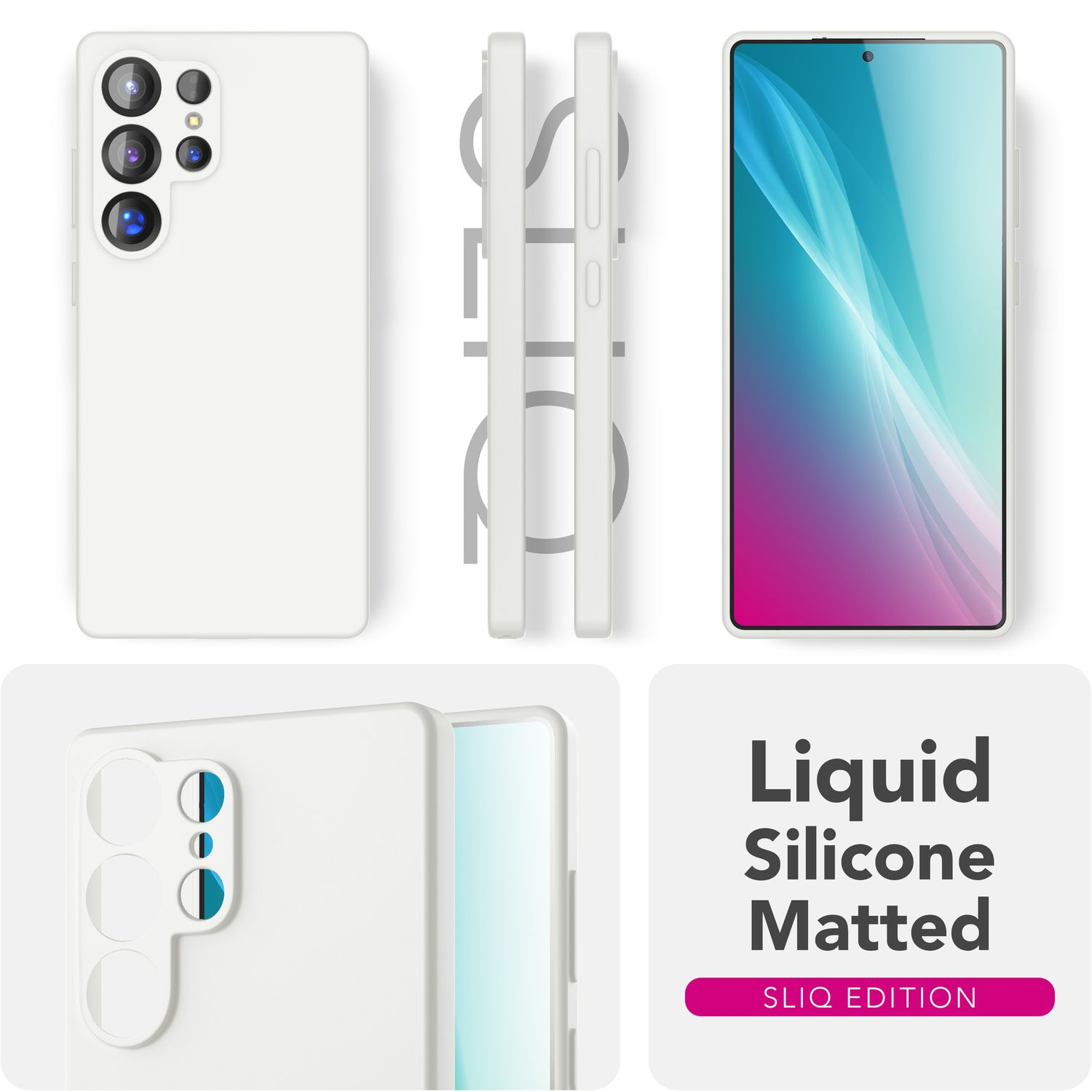 Weißes Handycase mit mehreren Ansichten, Text: Liquid Silicone Matted, und Nahaufnahmen.