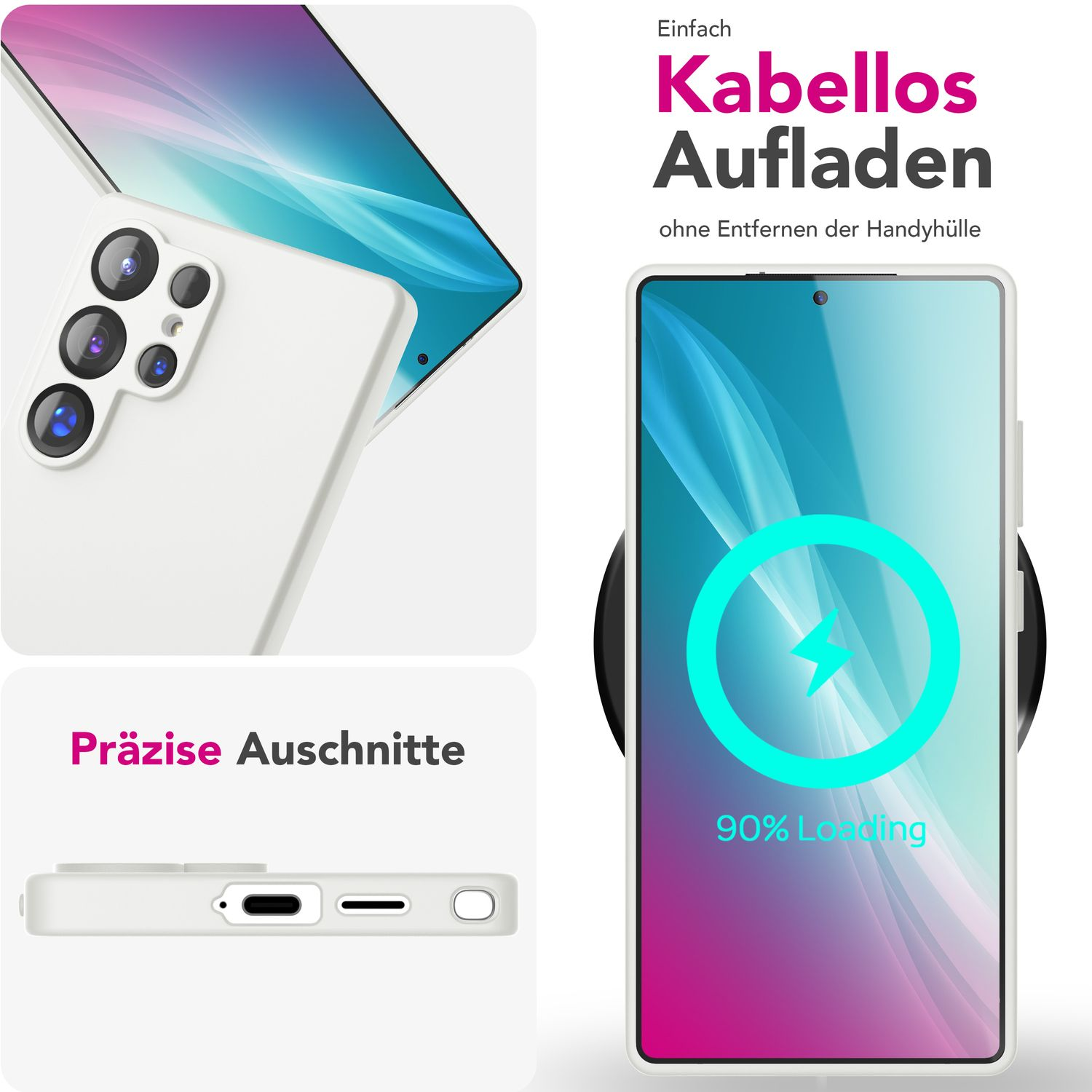 Weißes Telefongehäuse mit Telefon, Ladeanzeige und Nahaufnahme des Bodens.