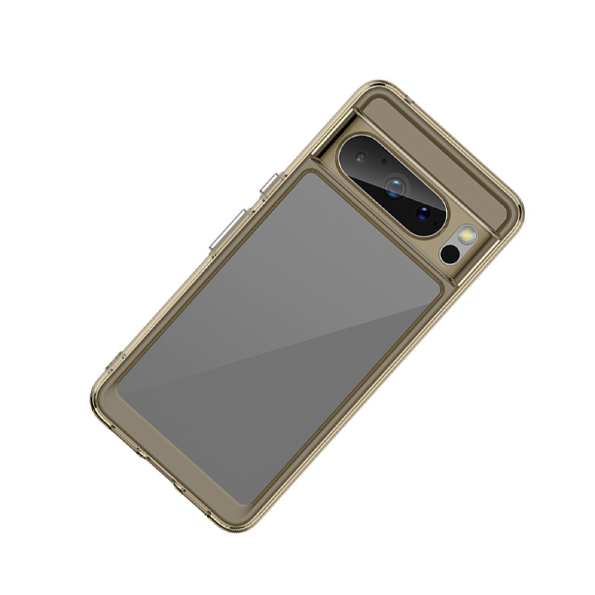 Custodia per telefono dorata con retro trasparente e ritaglio per la fotocamera. La custodia è su sfondo bianco.