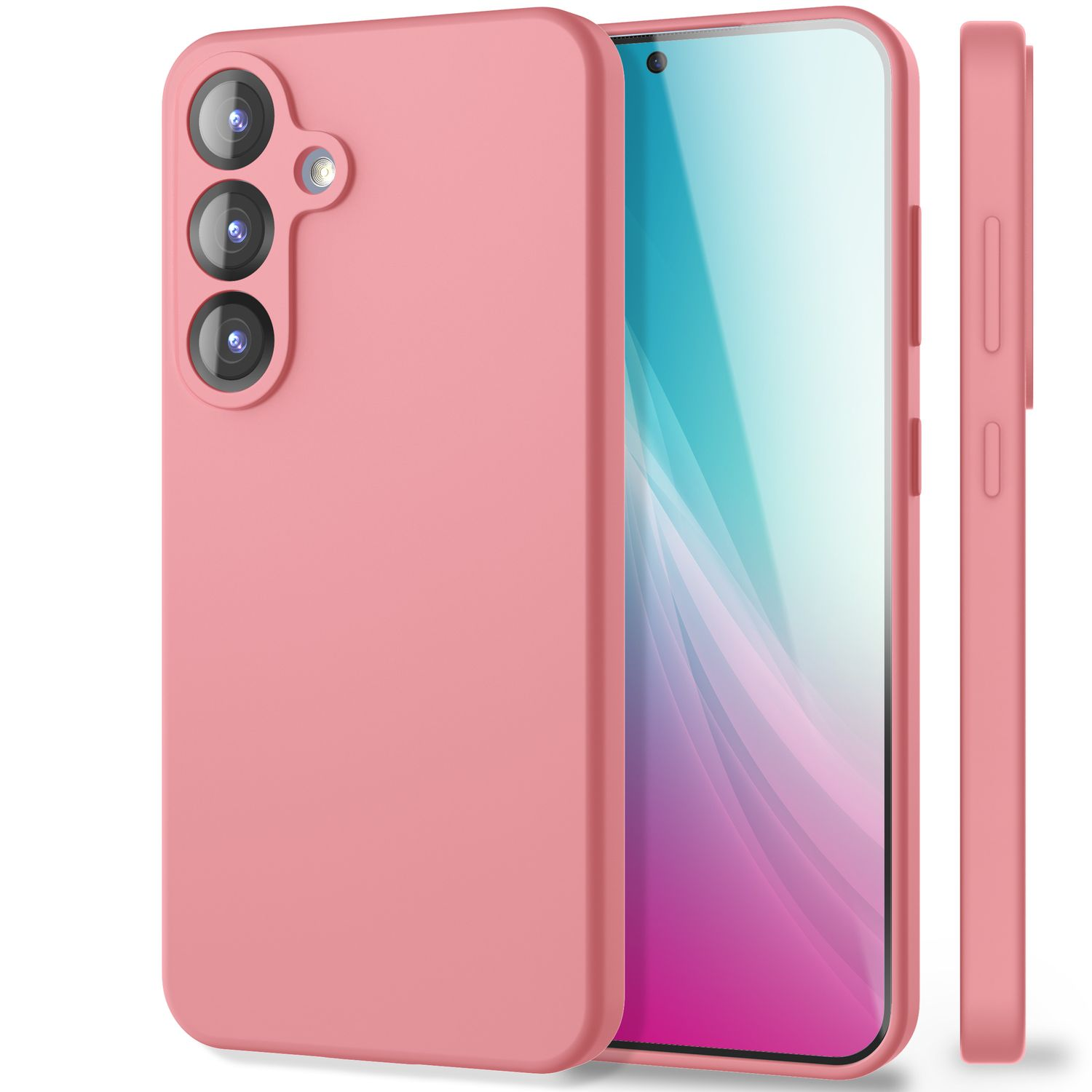 Rosa Handyhülle mit drei Kameralinsen und Smartphone. Der Hintergrund ist weiß.