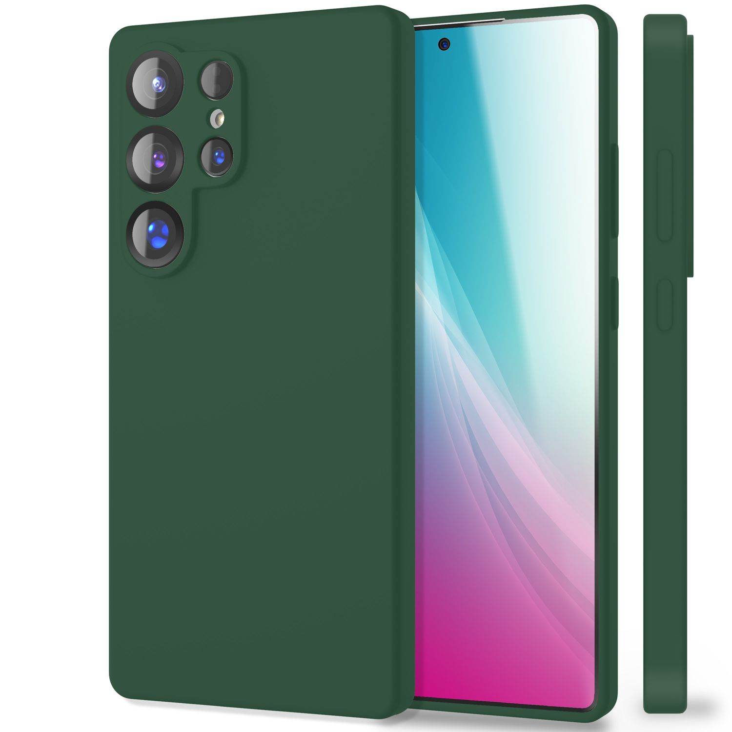 Grünes Smartphone mit drei Rückkameras auf weißer Oberfläche, schräge Ansicht.