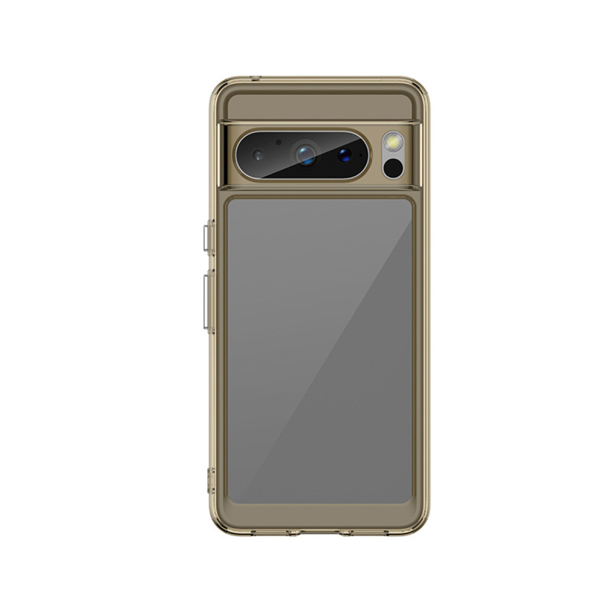 Custodia per telefono con cornice dorata e retro trasparente su sfondo bianco.