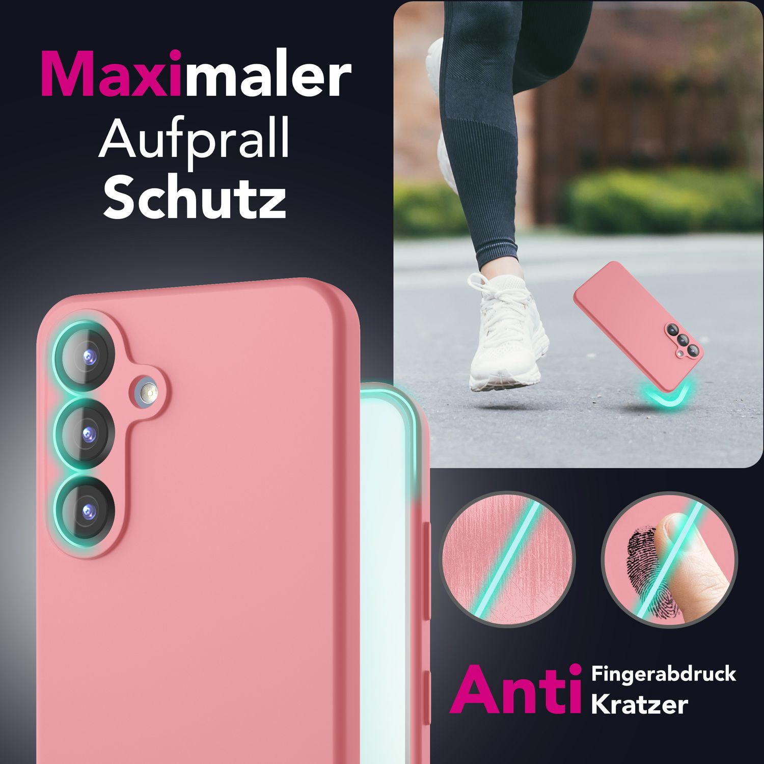 Rosa Handyhülle mit einer Frau im Hintergrund. Anti-Fingerabdruck- und Anti-Kratzer-Symbole.