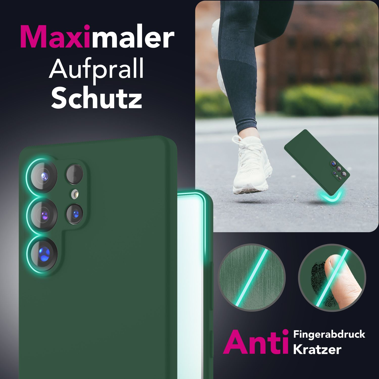 Grüne Handyhülle mit Text, zeigt ein Telefon, Stoß- und Kratzschutz.