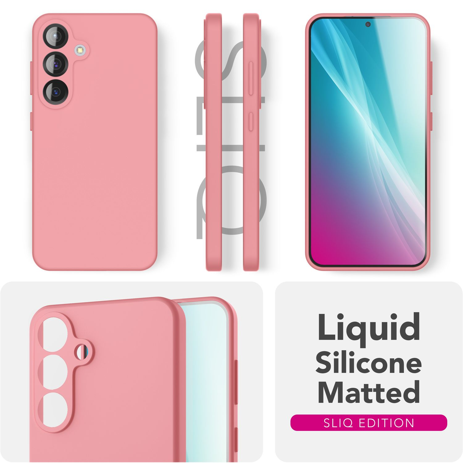 Ein rosa Handy-Case in verschiedenen Ansichten mit den Worten: Liquid Silicone Matted.