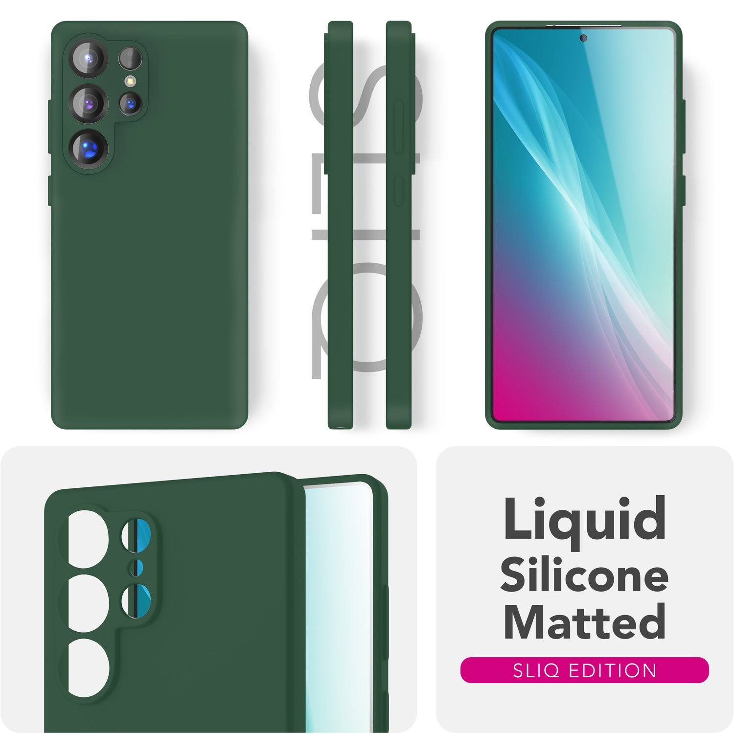 Grüne Handyhülle mit Telefon, verschiedene Winkel der Hülle mit weißem Hintergrund.