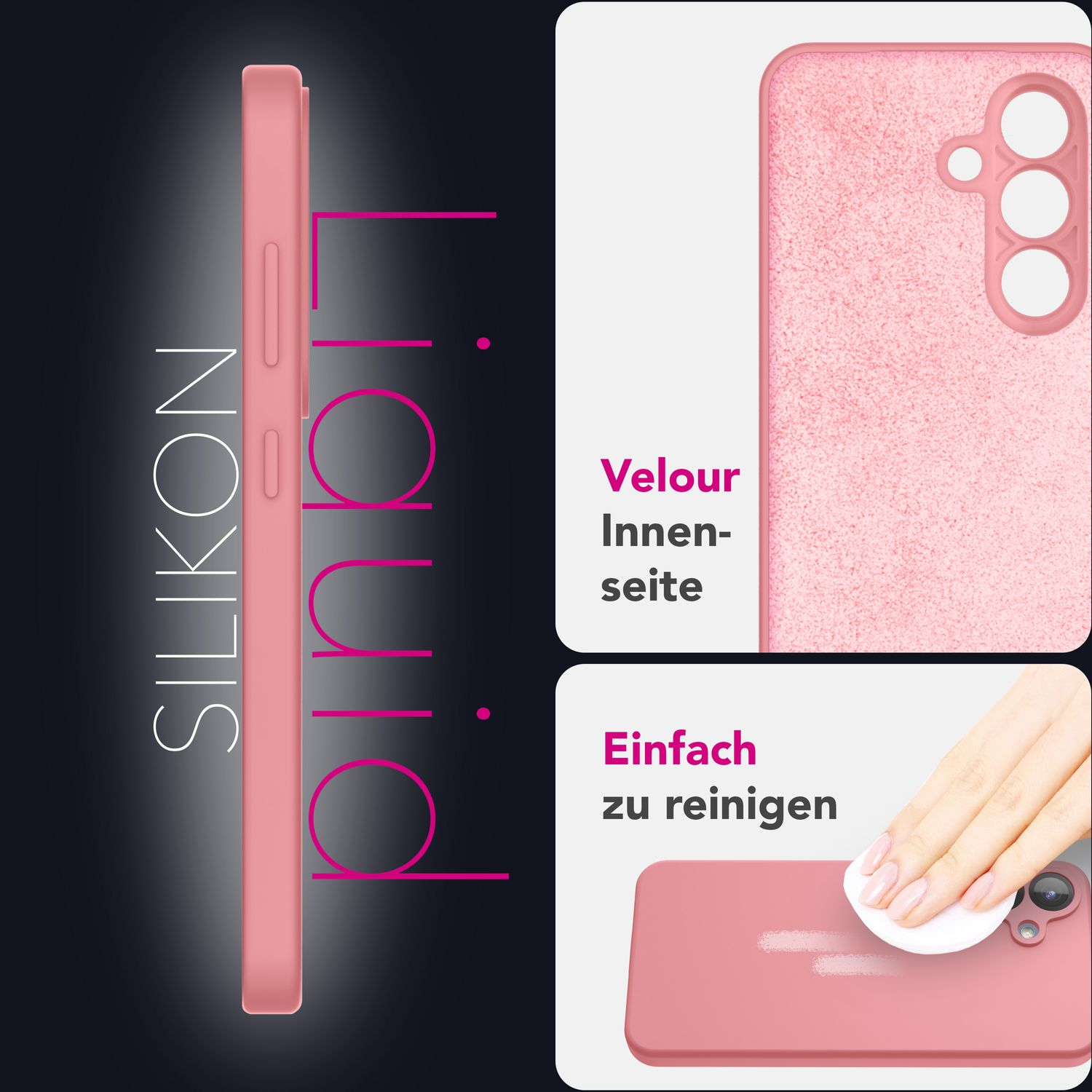 Eine rosa Handyhülle mit einem rosa Telefon. Die Hülle hat eine Velour-Innenseite und ist leicht zu reinigen.