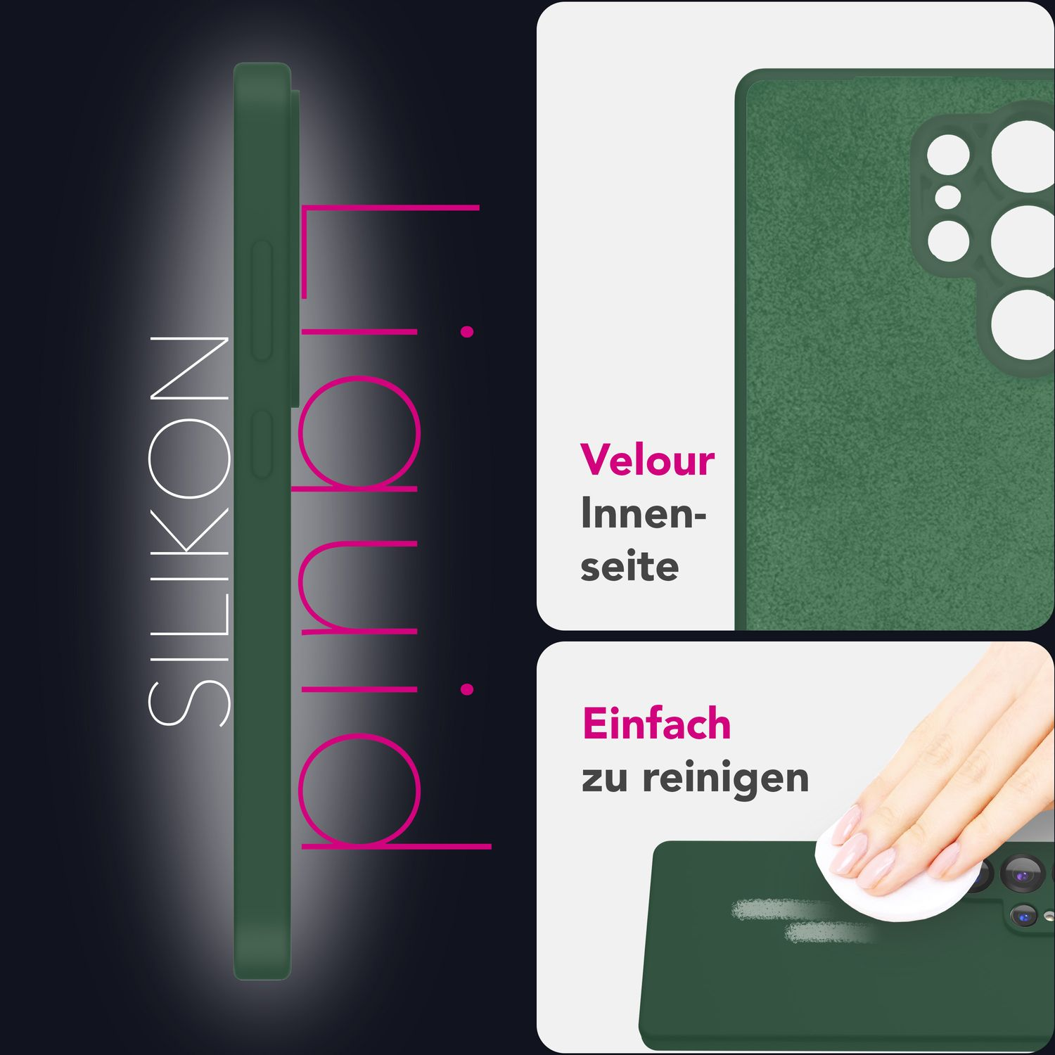 Grüne Handyhülle mit Text SILIKON, Seitenansicht und Innenraum. Text: Velour Innenseite, Einfach zu reinigen.