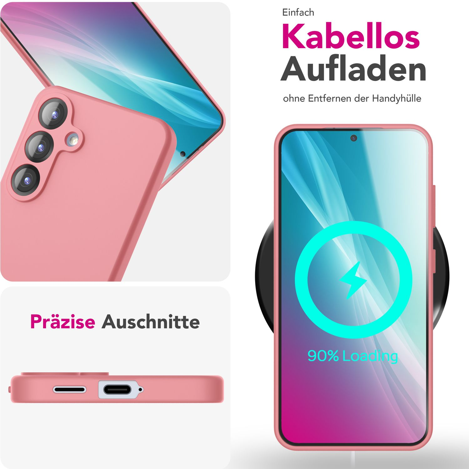 Rosa Handyhülle auf Ladepad mit Telefon, das kabelloses Laden zeigt.