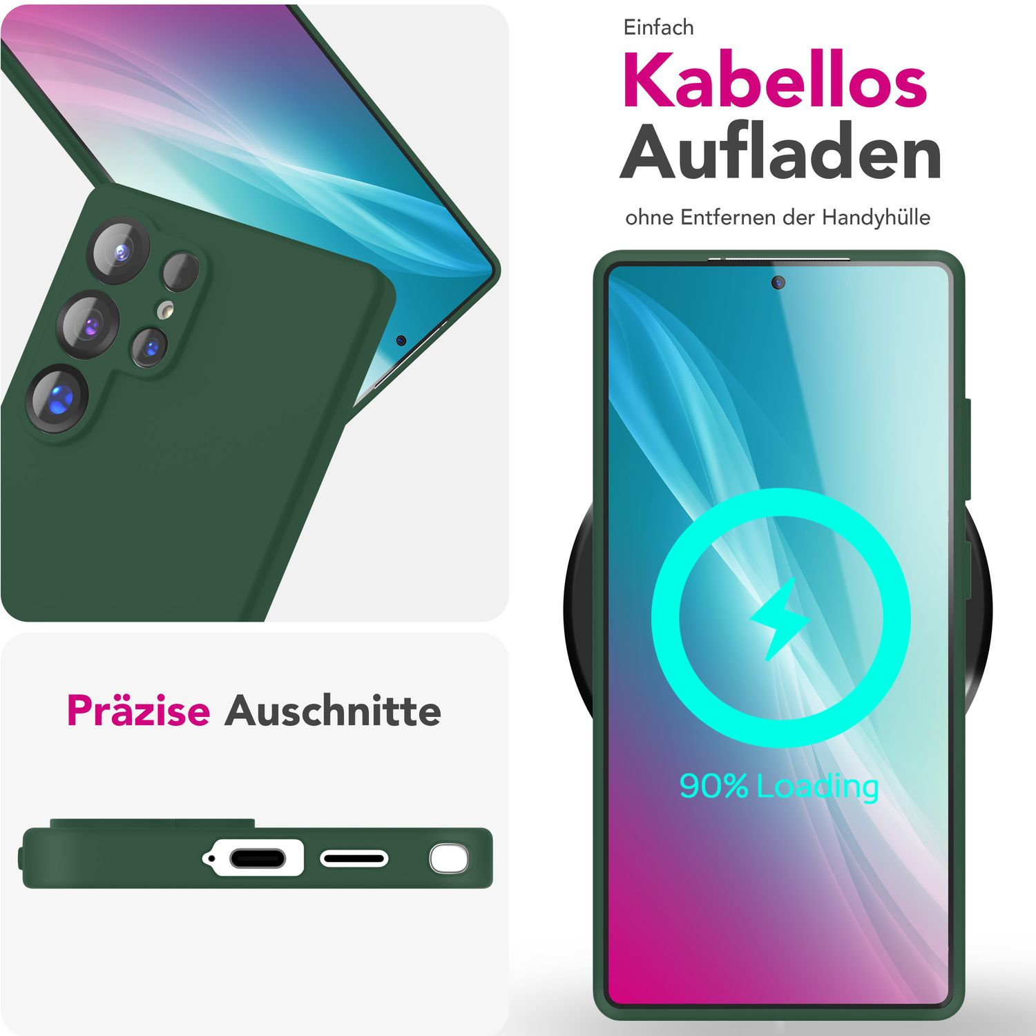 Grüne Handyhülle mit Telefon, Ladepad und Text zum kabellosen Laden.