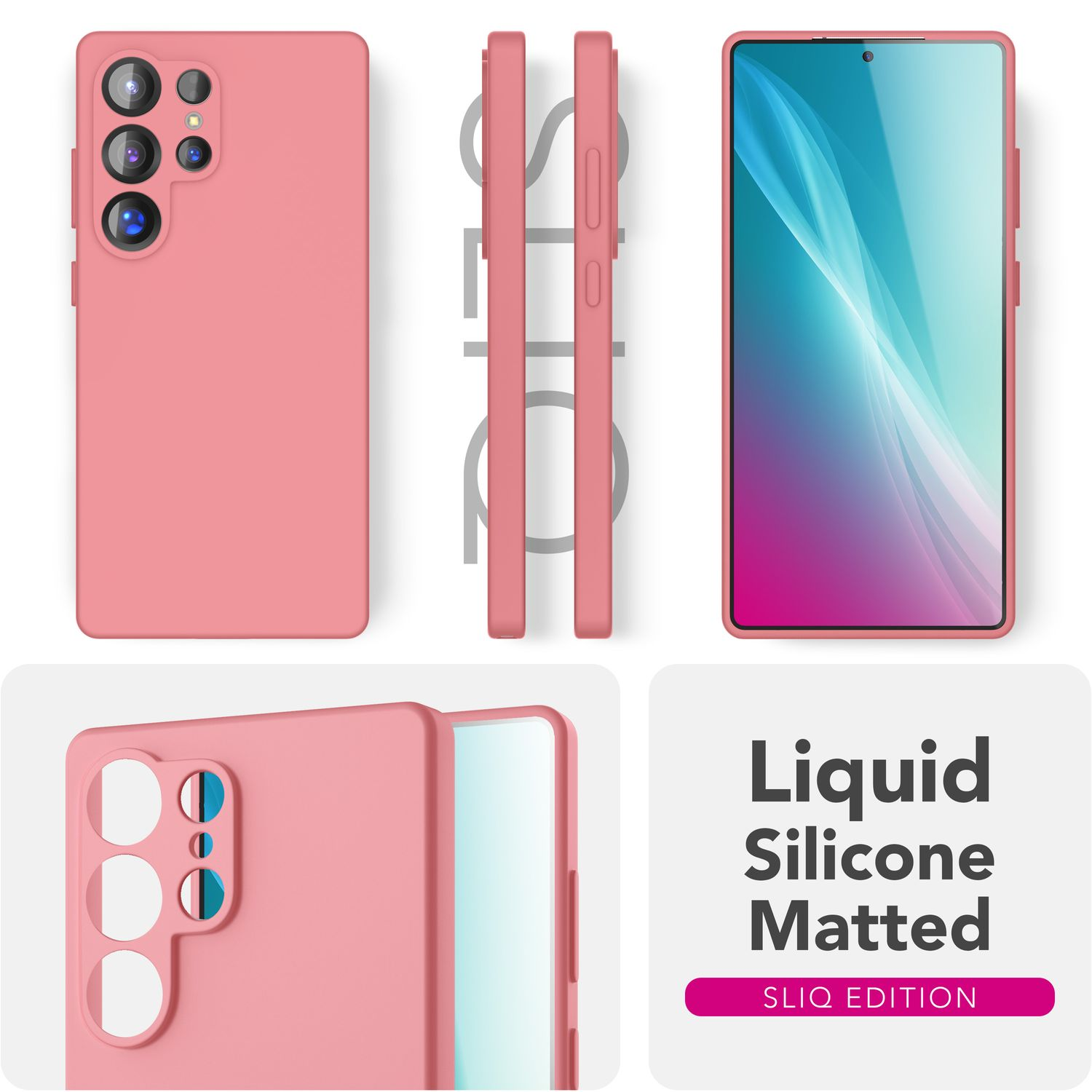 Rosa Handyhülle mit mehreren Ansichten und Text: Liquid Silicone Matted.