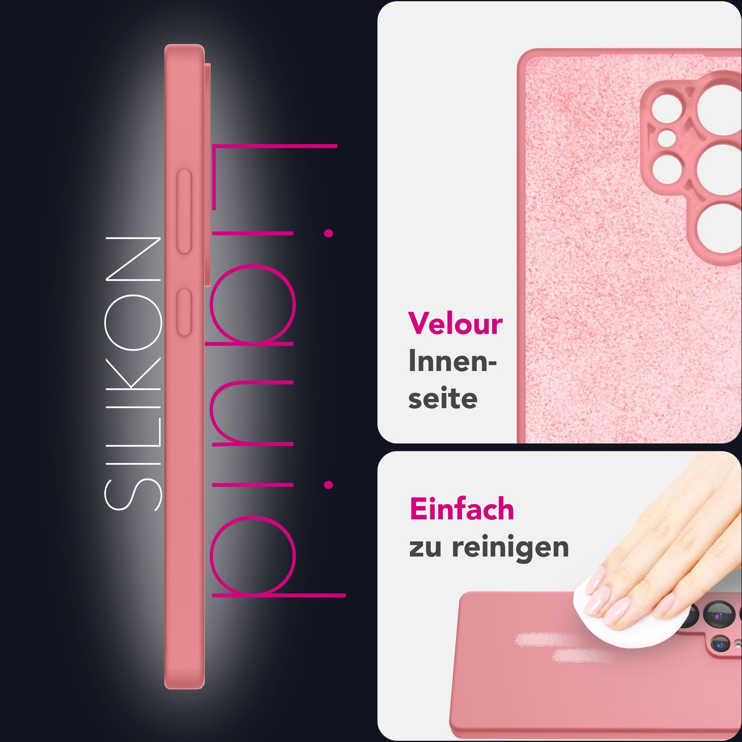 Rosa Handyhülle mit Seitenansicht und zwei Detailaufnahmen. Die Hülle liegt auf einer weißen Oberfläche, mit Text und Beschriftungen.
