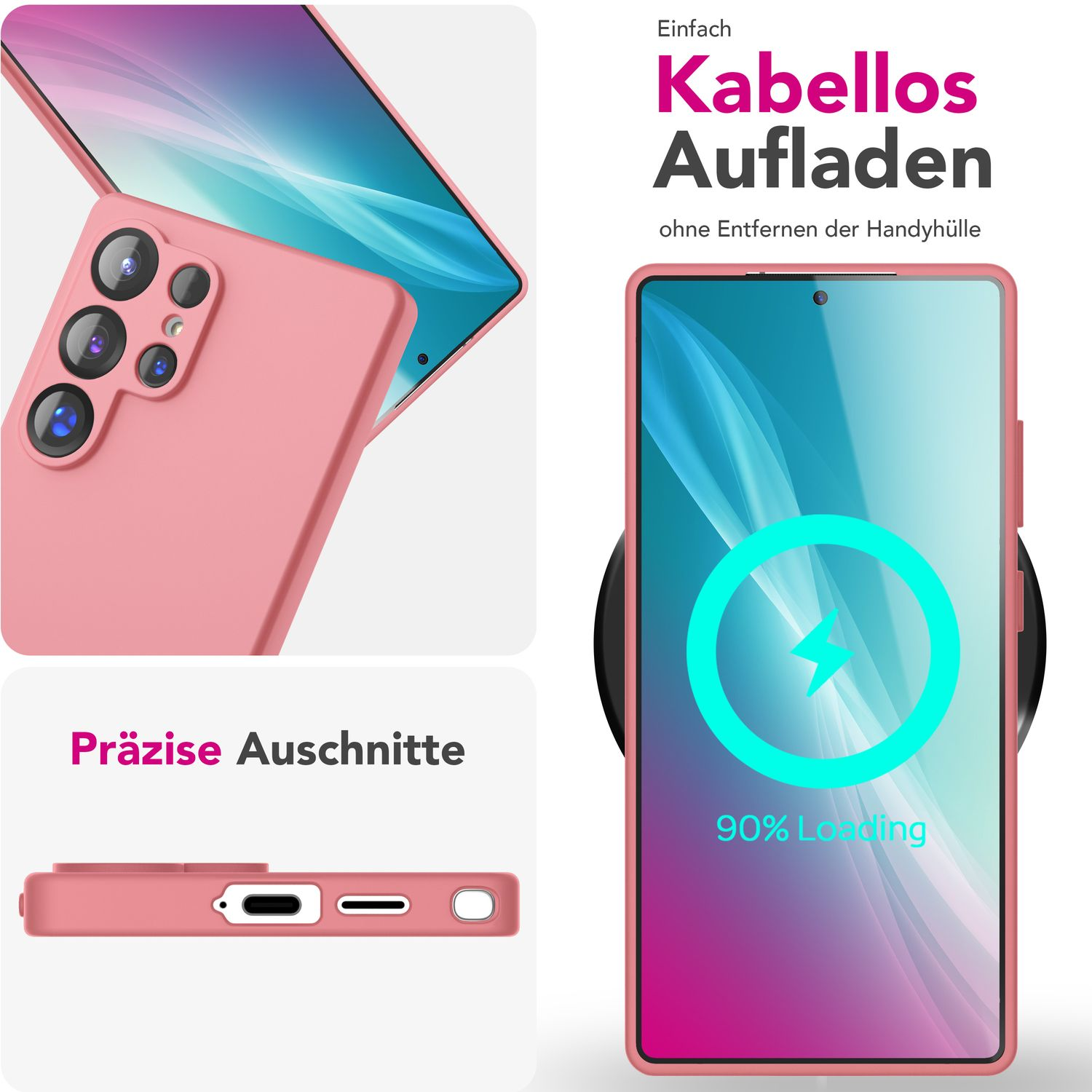 Rosa Handyhülle mit Handy, kabellosem Ladegerät und Text. Zeigt Laden und präzise Ausschnitte.