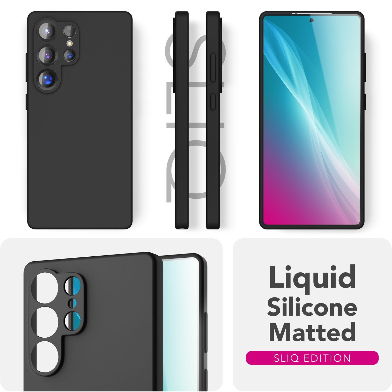 Schwarze Handyhülle mit mattem Finish. Bilder zeigen Vorder-, Seiten- und Rückseite, mit einem Telefon darin. Der Text lautet Liquid Silicone Matted.
