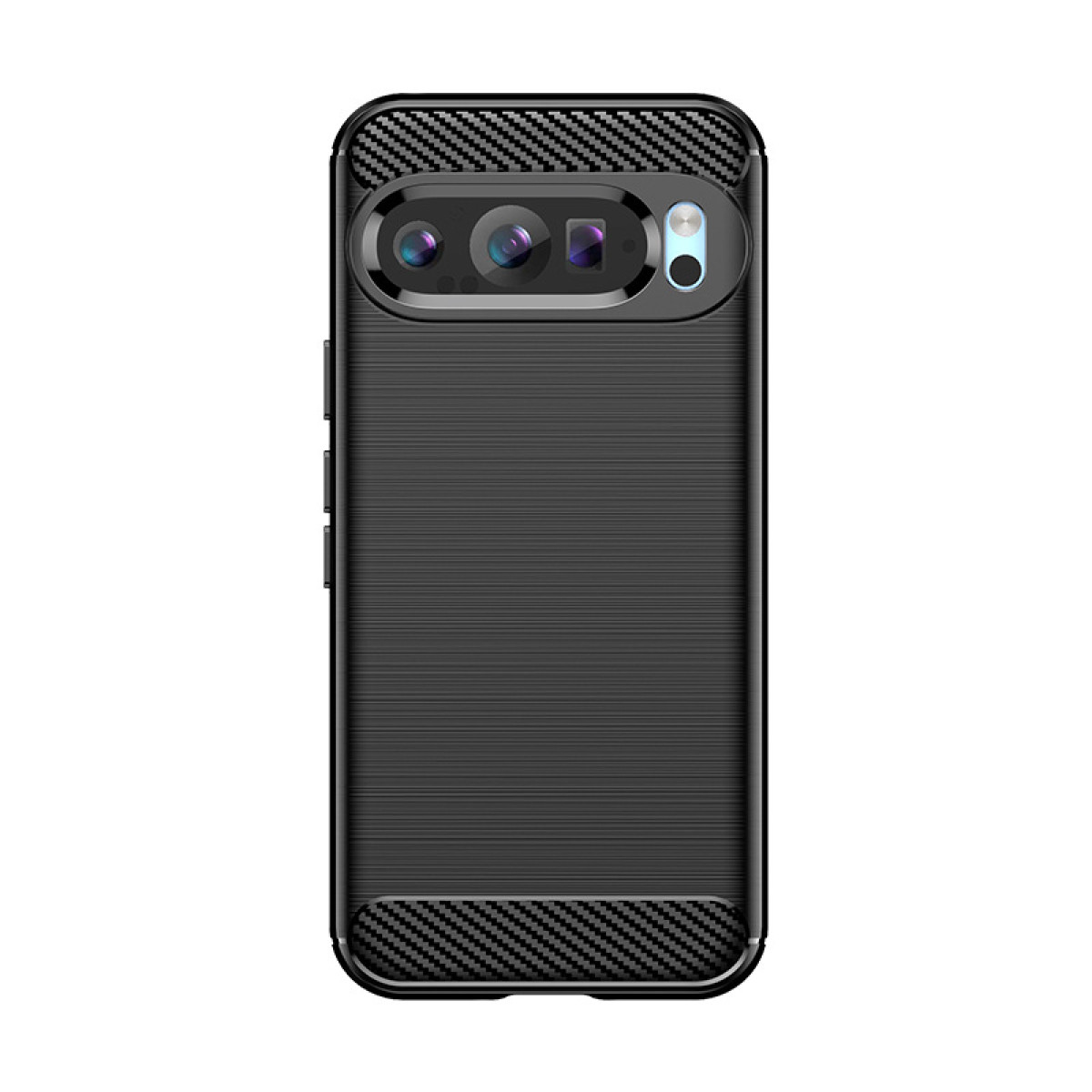 Custodia nera per telefono con retro strutturato e modulo fotocamera con più lenti.