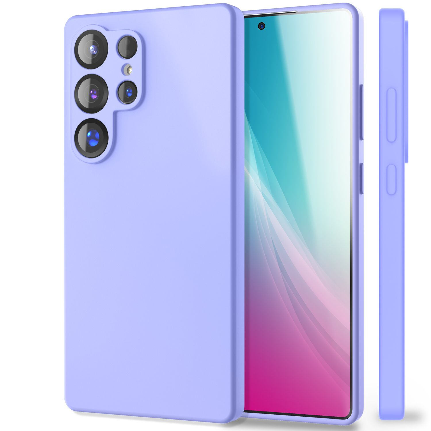 Eine lila Handyhülle für ein Smartphone mit Dreifachkamera, isoliert auf Weiß.