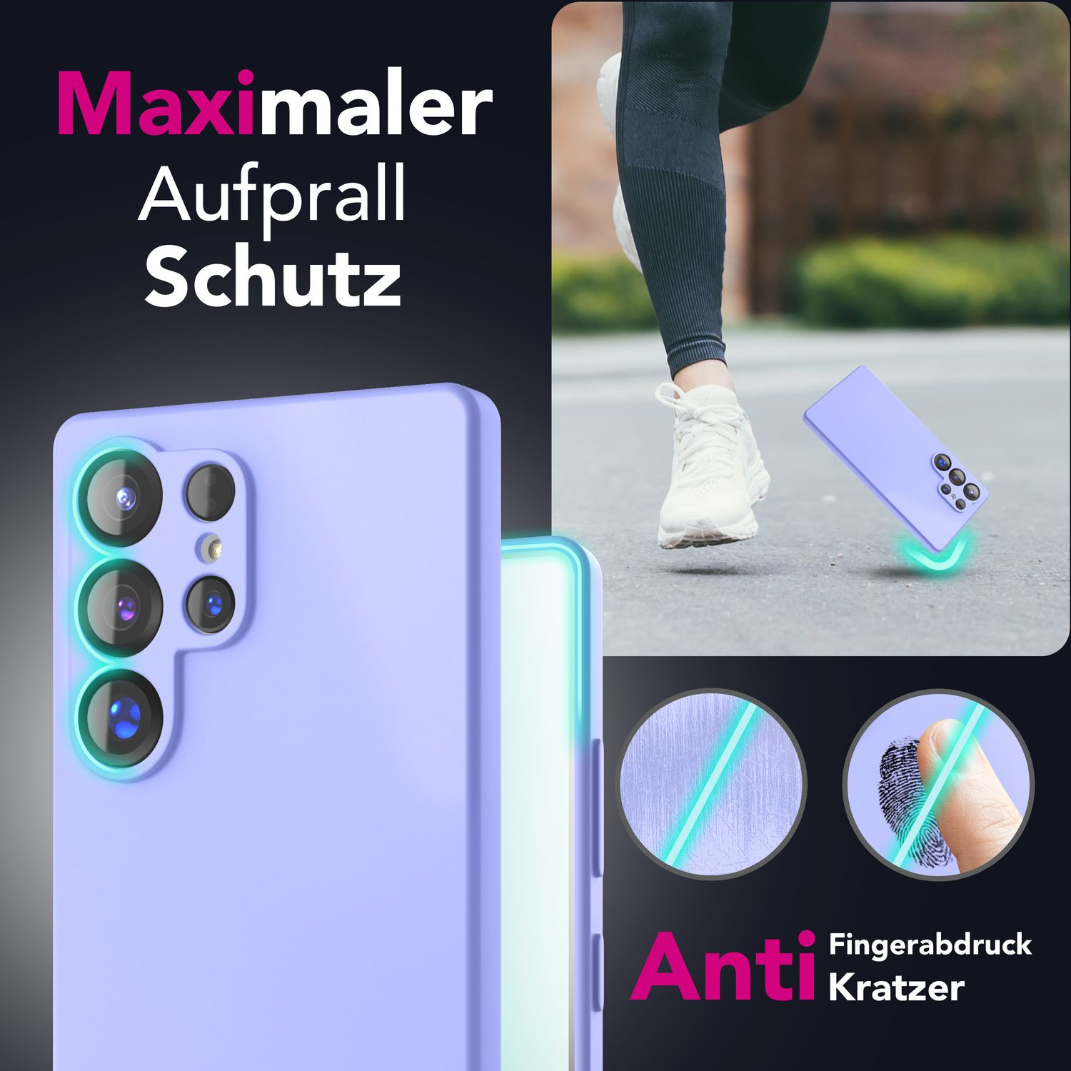 Ein Telefon in einer lila Hülle, mit Fingerabdrücken und Text über Kratzschutz.