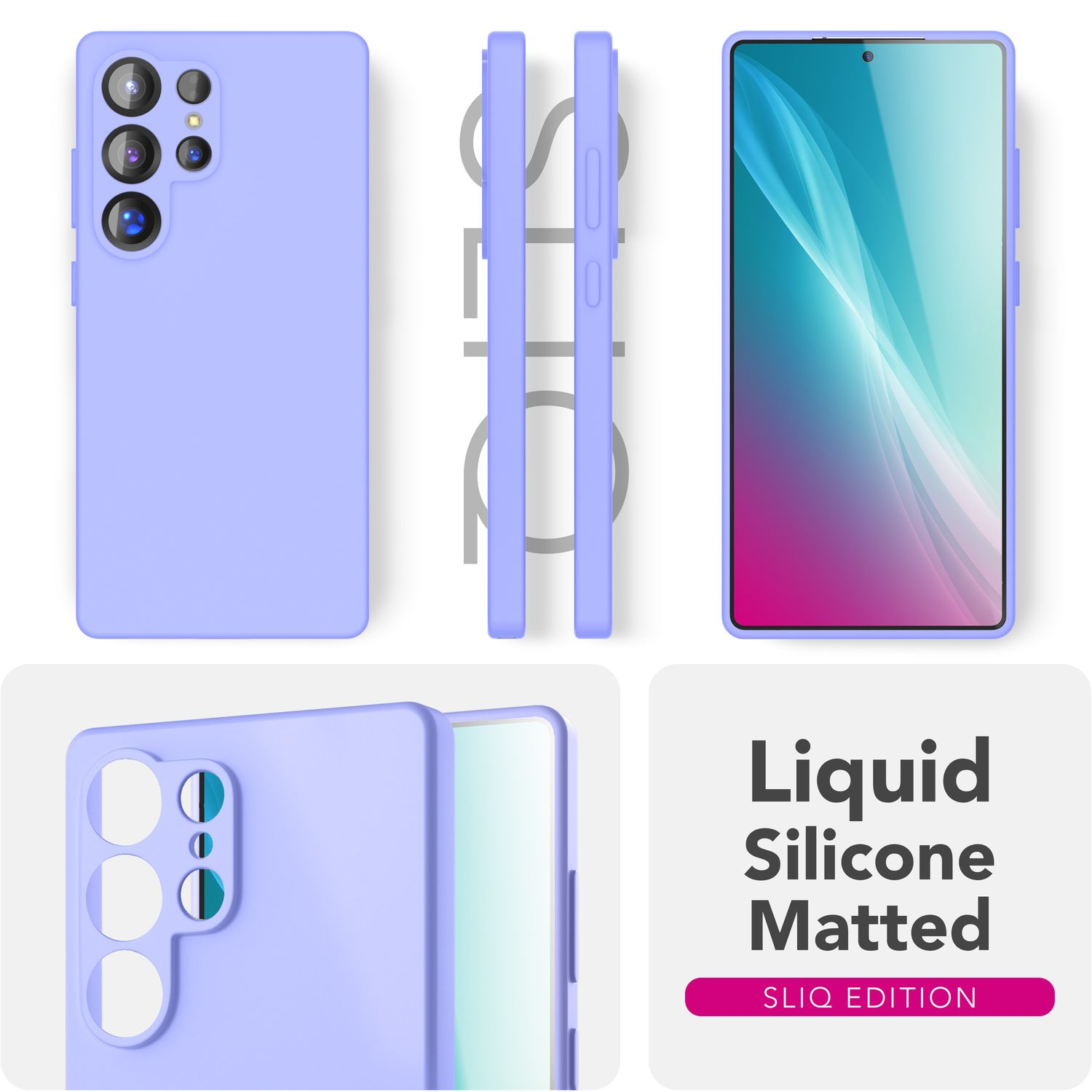 Lila Handyhülle, verschiedene Ansichten, mit Text 'Liquid Silicone Matted'.