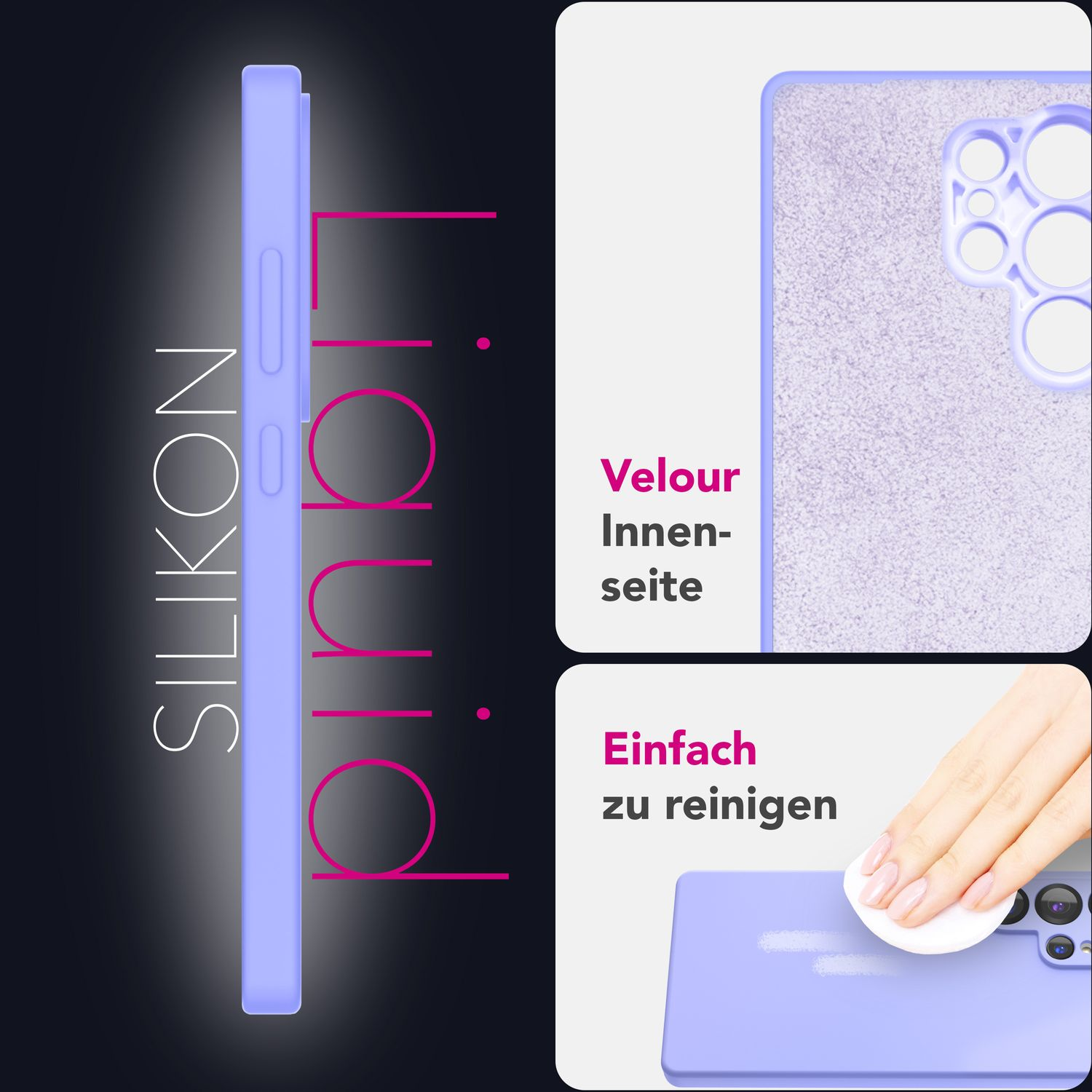 Lila Handyhülle mit Text: Liquid Silicone, Velour Innenseite und leicht zu reinigen.