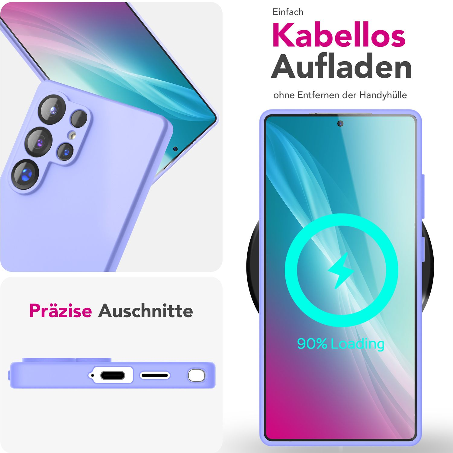 Lila Handyhülle mit Telefon oben und innen. Die Hülle zeigt kabelloses Laden.