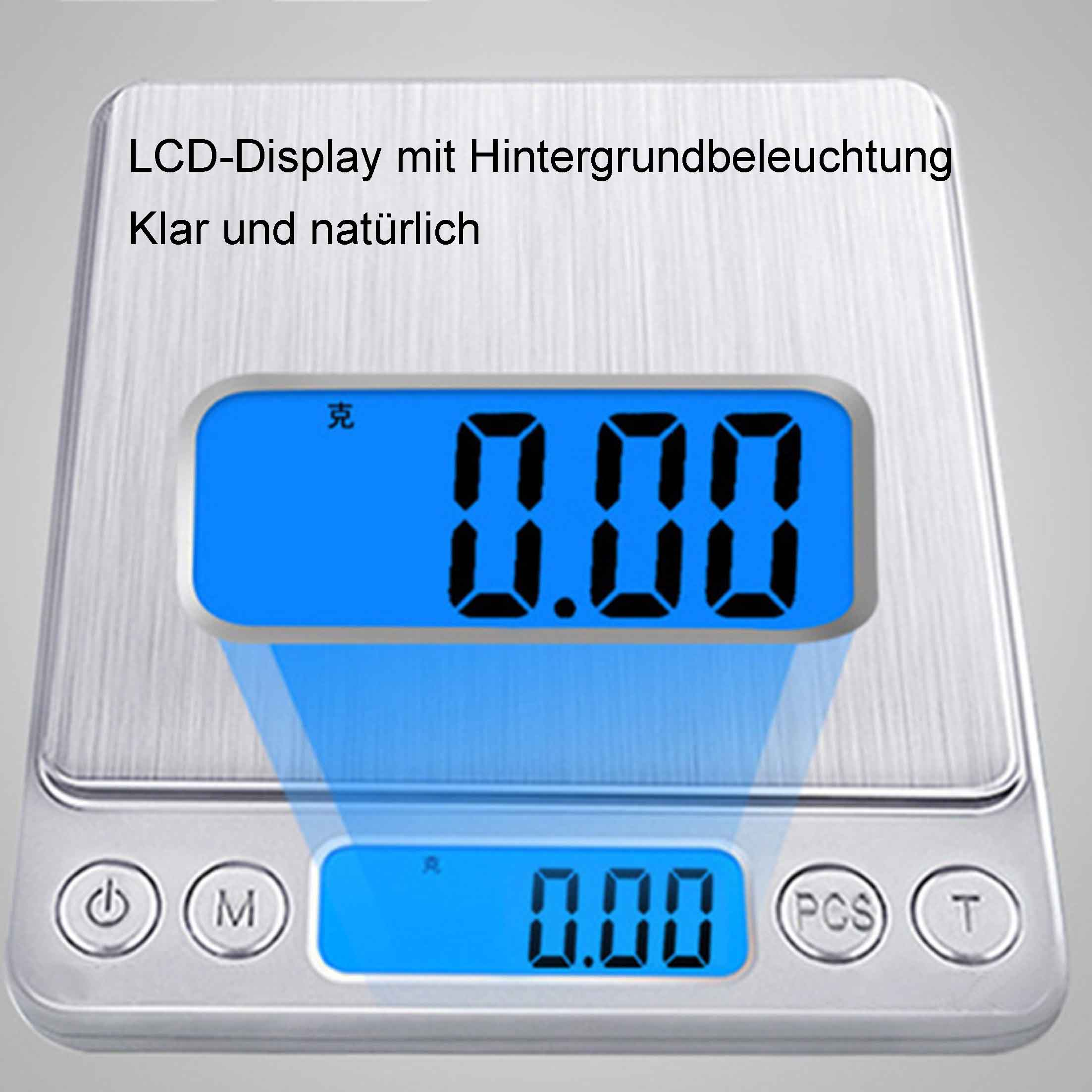 Silberne Digitalwaage mit blauem Display, das 0,00 anzeigt, mit Knöpfen.