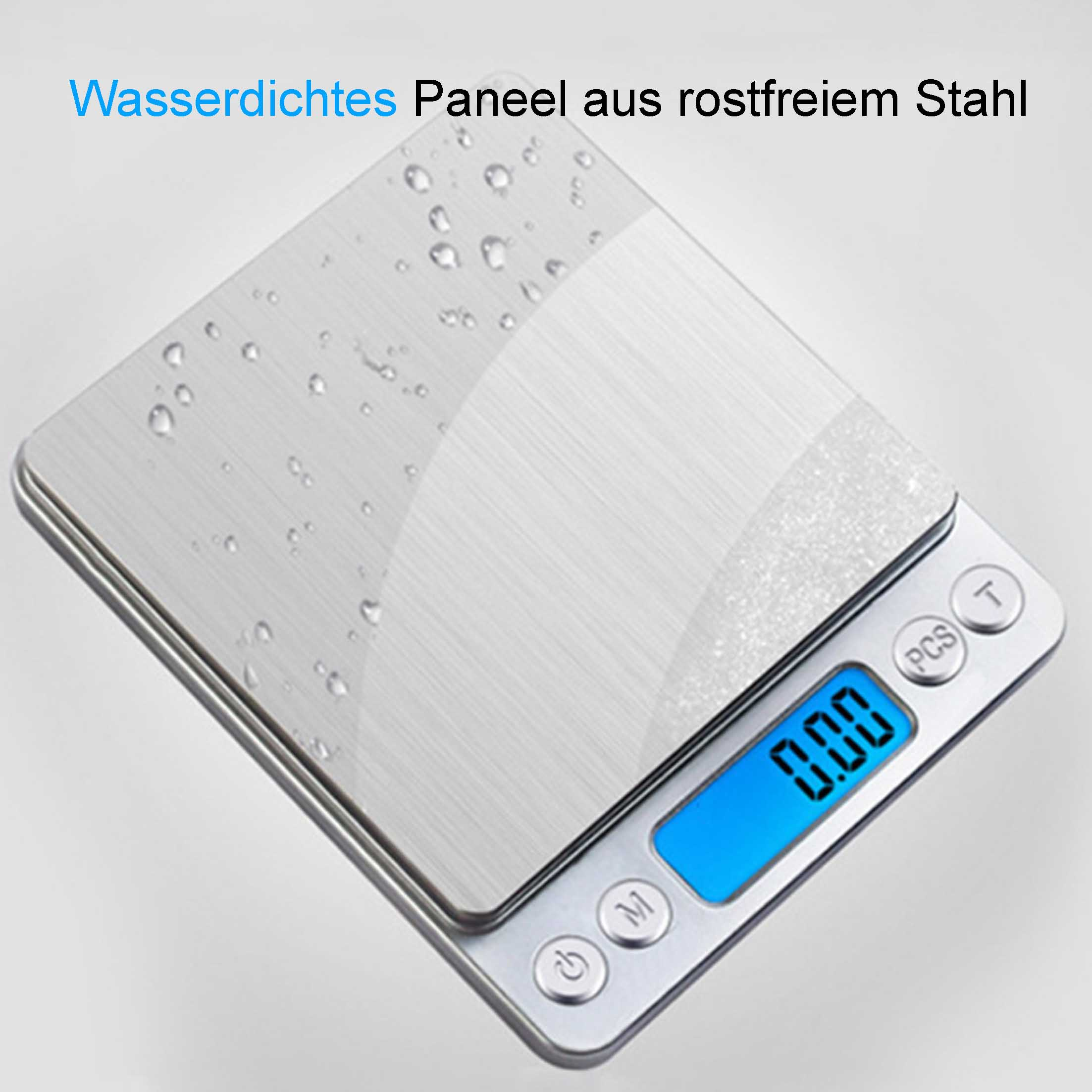 Digitale Küchenwaage mit blauem Display mit '0.00'. Edelstahl-Panel.