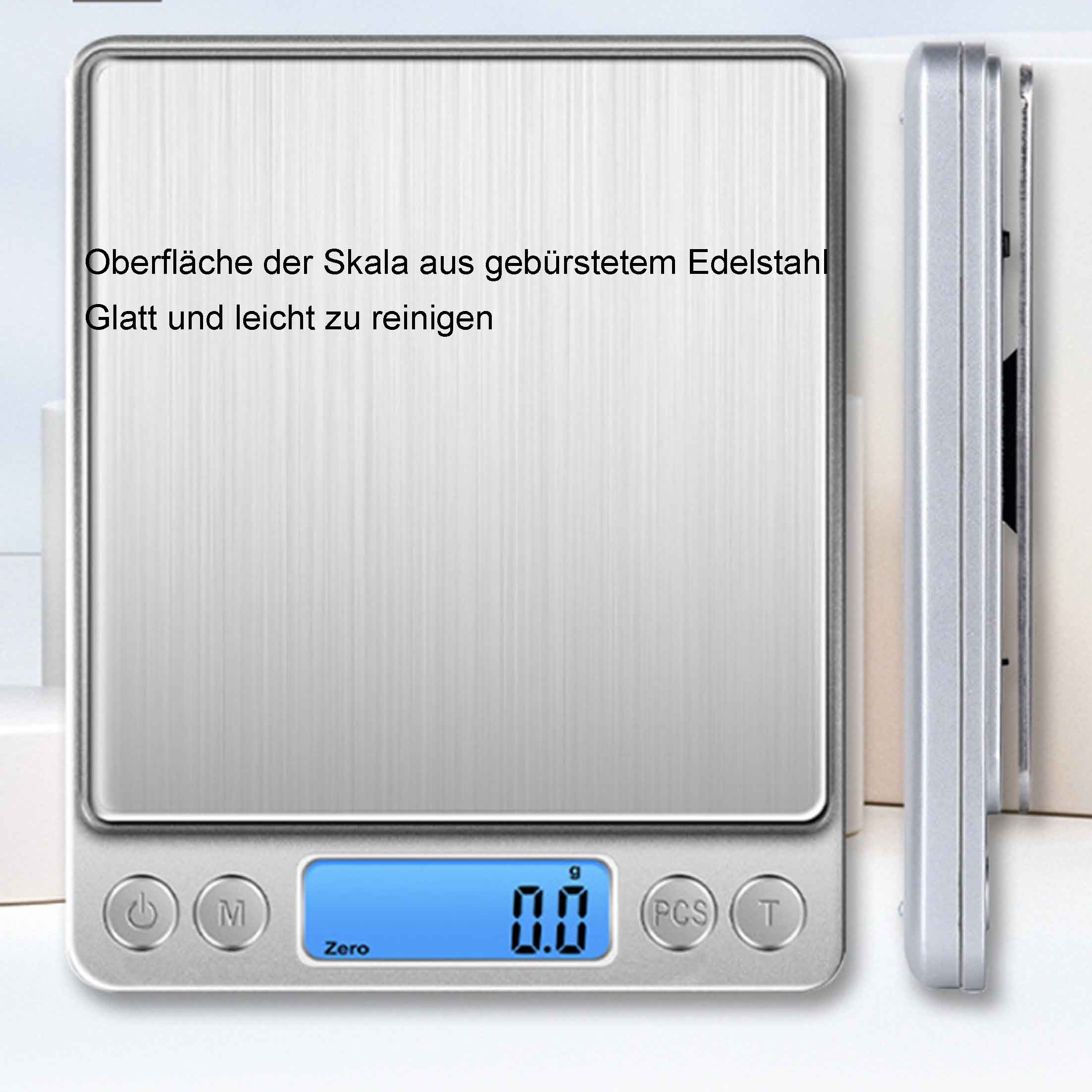 Eine silberne Digitalwaage zeigt '0.0'. Die Waage hat drei Knöpfe und befindet sich neben ihrem Seitenprofil.