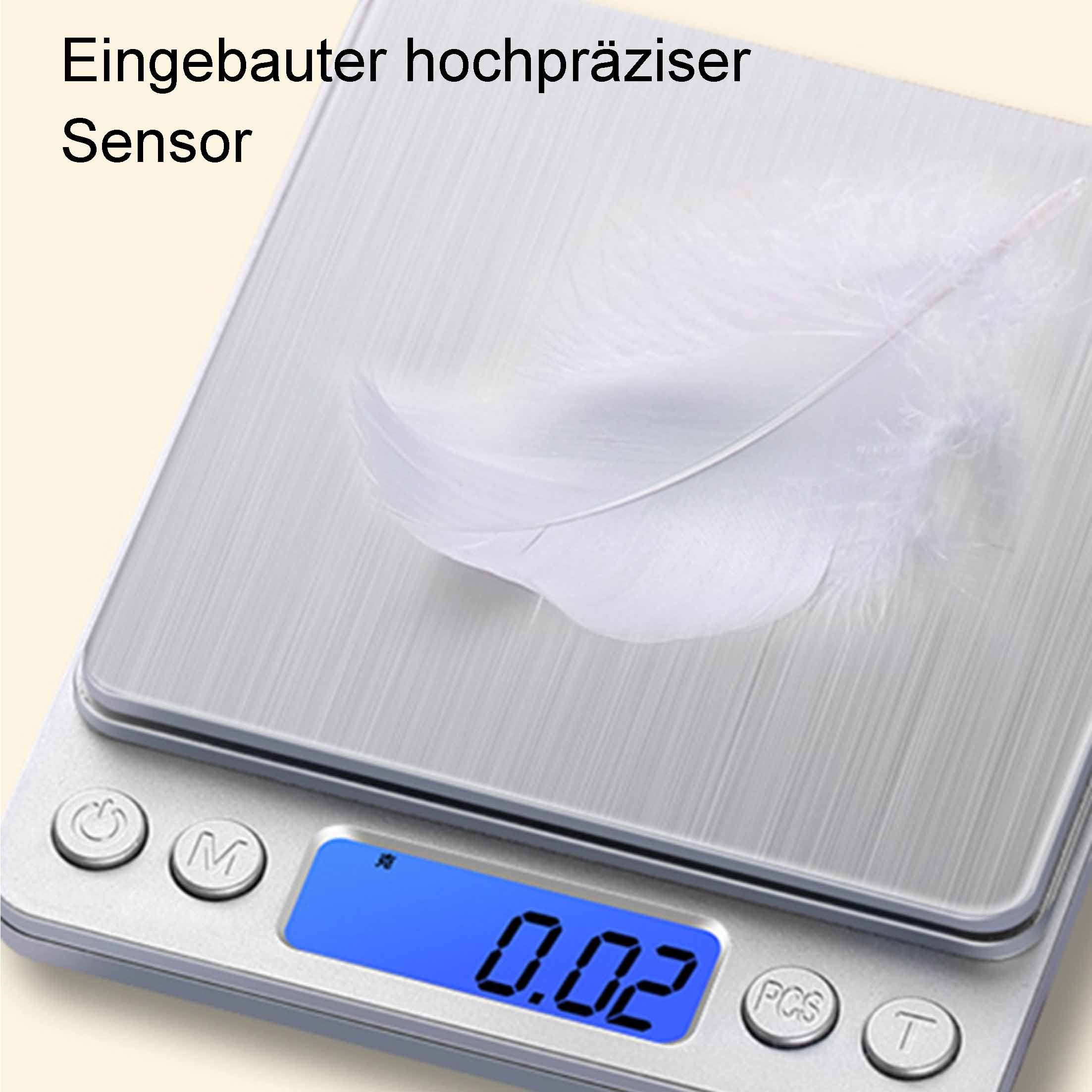Kleine Digitalwaage mit blauem Display, das 0,02 anzeigt, und einer weißen Feder auf der Oberfläche.