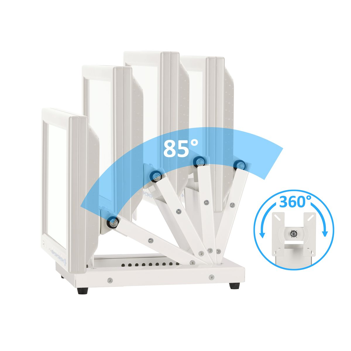 Ein verstellbarer Computermonitor. Er ist weiß und hat mehrere Positionen mit einem Gradanzeiger.