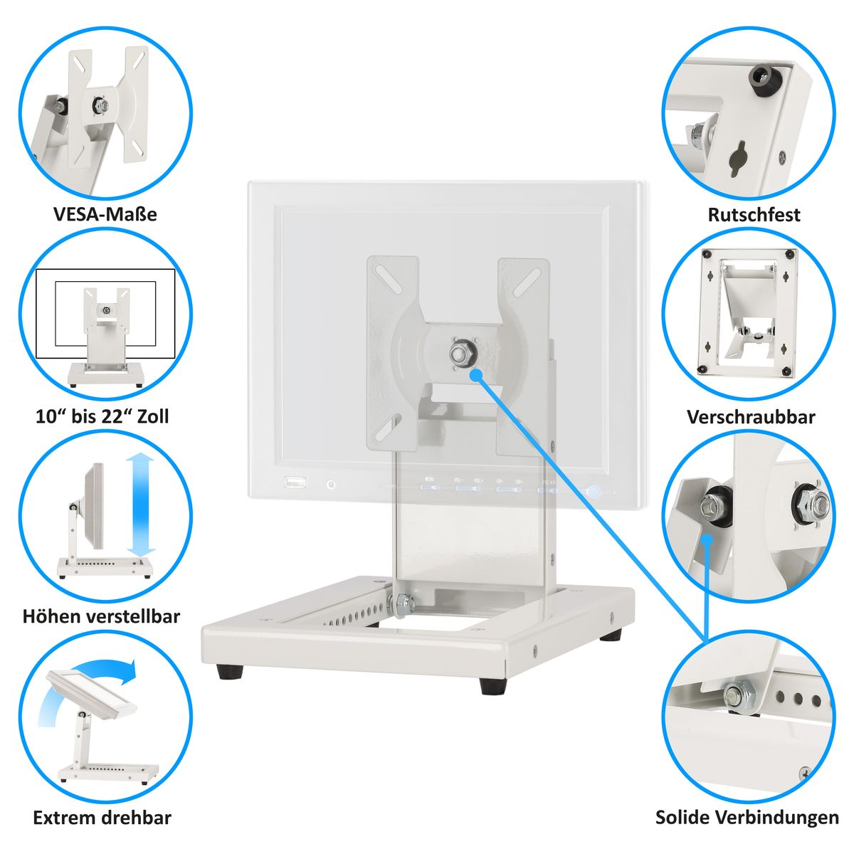 Monitorständer mit mehreren Funktionen und Diagrammen. Weißer Hintergrund. Verschiedene Ansichten gezeigt.