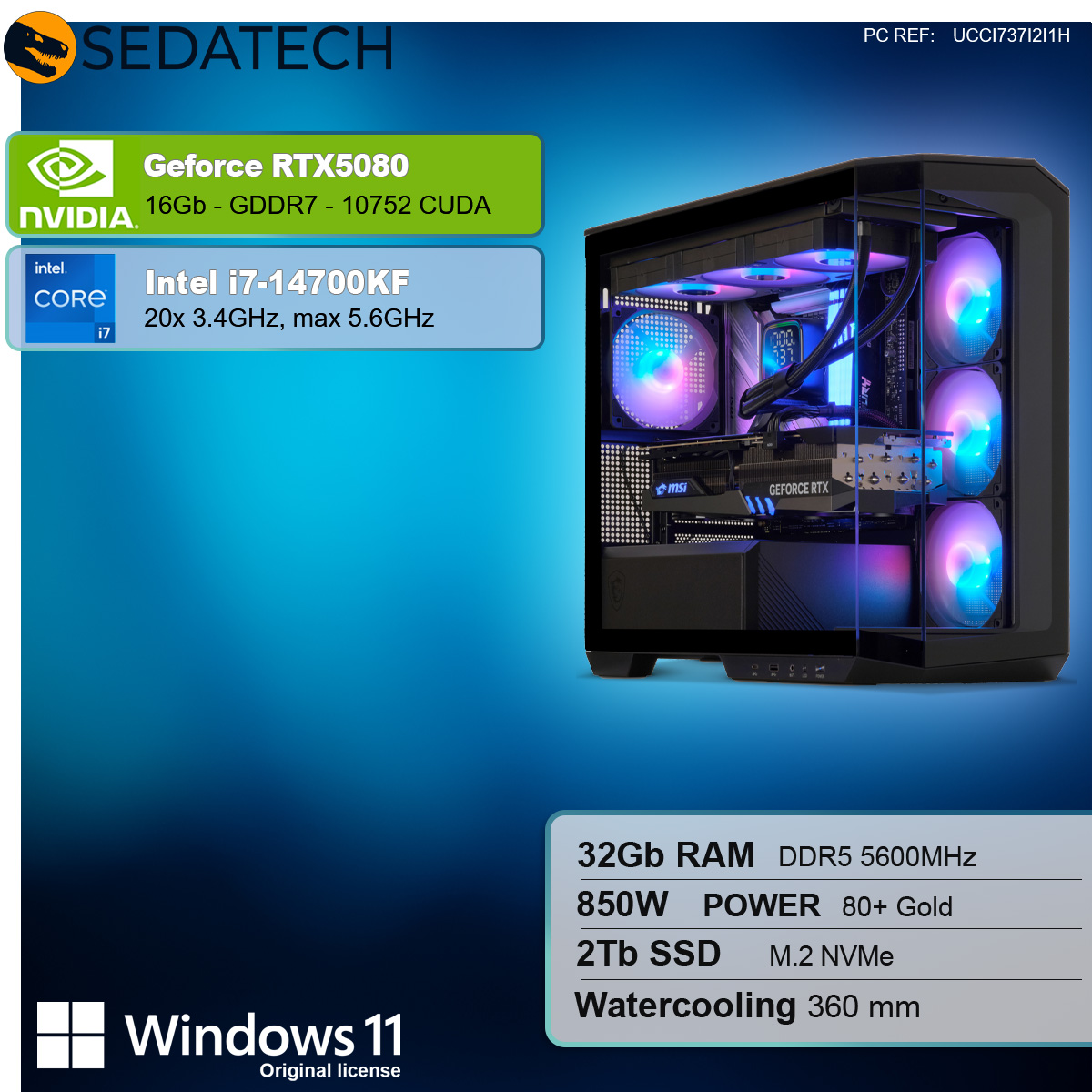 Case del computer con componenti illuminati. I dettagli includono NVIDIA, Intel, RAM, SSD e raffreddamento a liquido in un case nero.