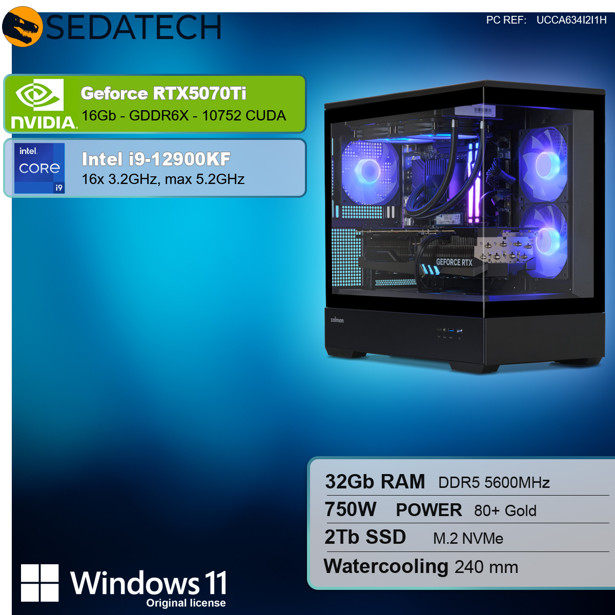 Componenti del computer all'interno di un case in vetro. Include una Geforce RTX 5070Ti, Intel i9, Windows 11 e altre specifiche.