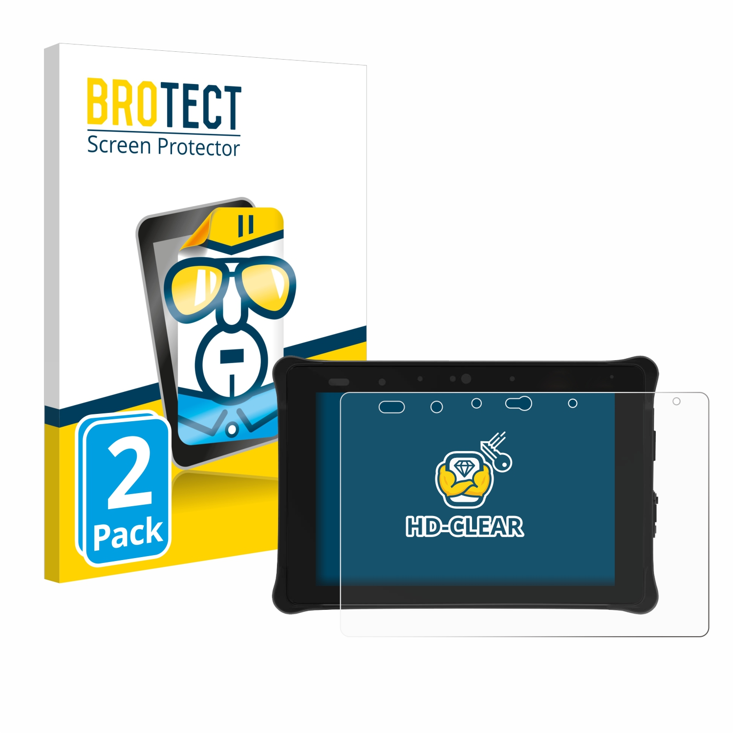 Ein Tablet mit Displayschutz und eine Box mit Displayschutz. Der Schutz ist HD-klar.