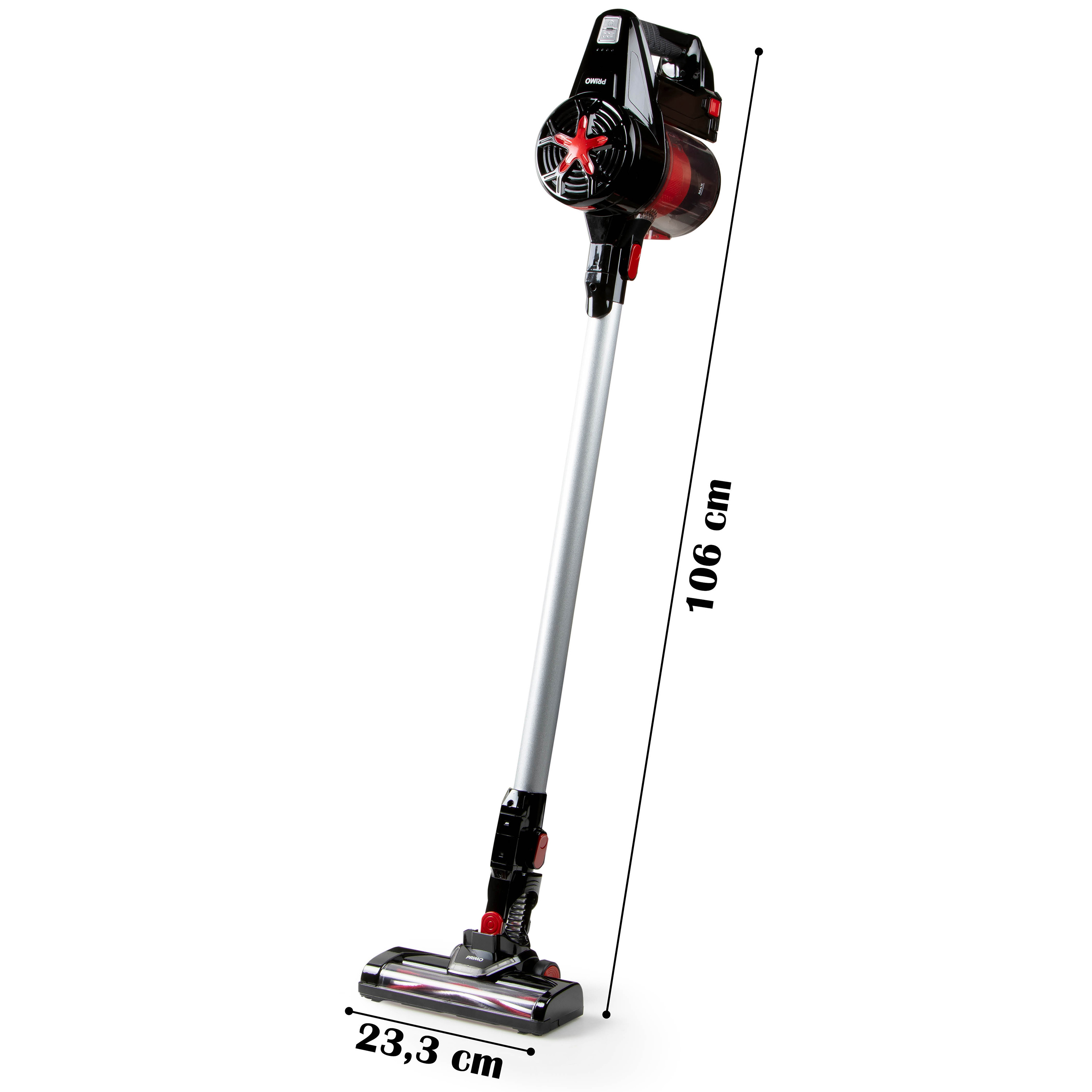 Un aspirateur sans fil noir et rouge avec des dimensions de 106 cm de hauteur et 23,3 cm de largeur.