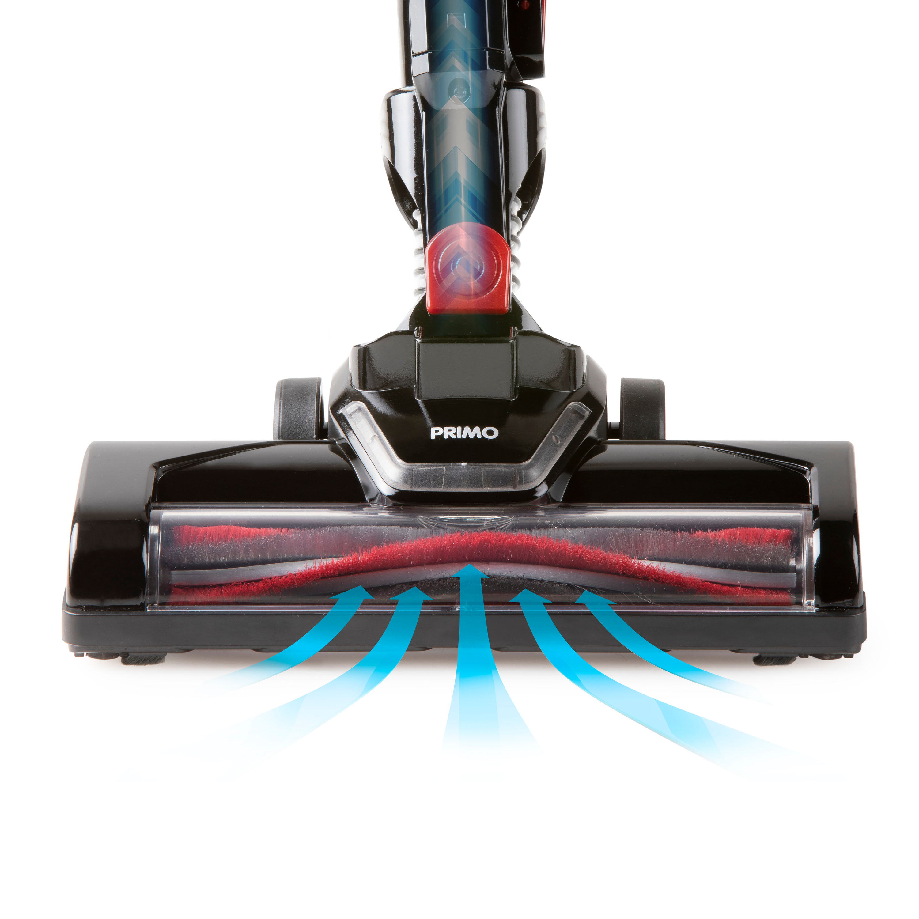 Tête d'aspirateur noire avec brosse rouge et indicateurs de débit d'air bleus.