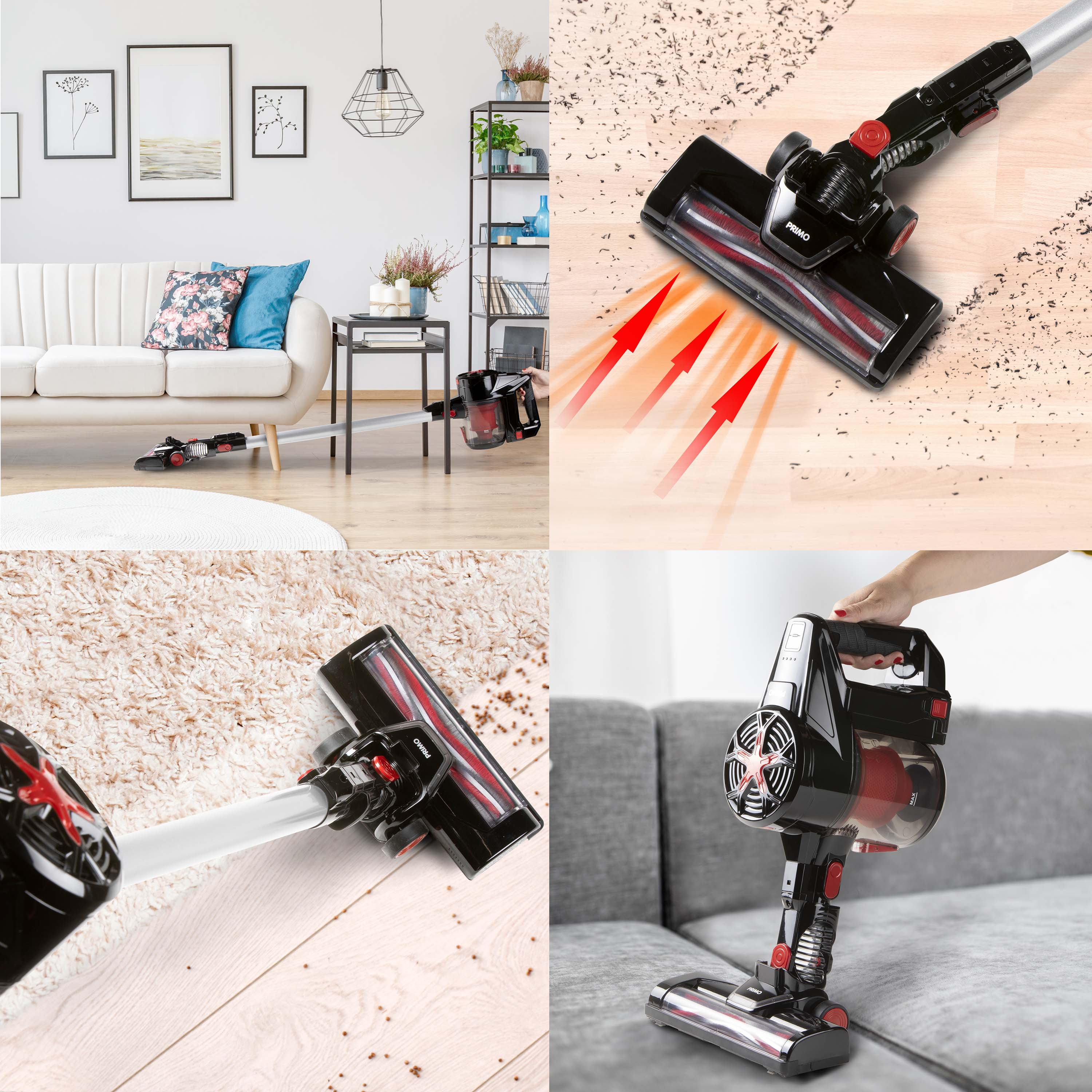 Aspirateur en marche. Flèches montrent la direction de nettoyage. Intérieur avec canapé et tableaux en fond.