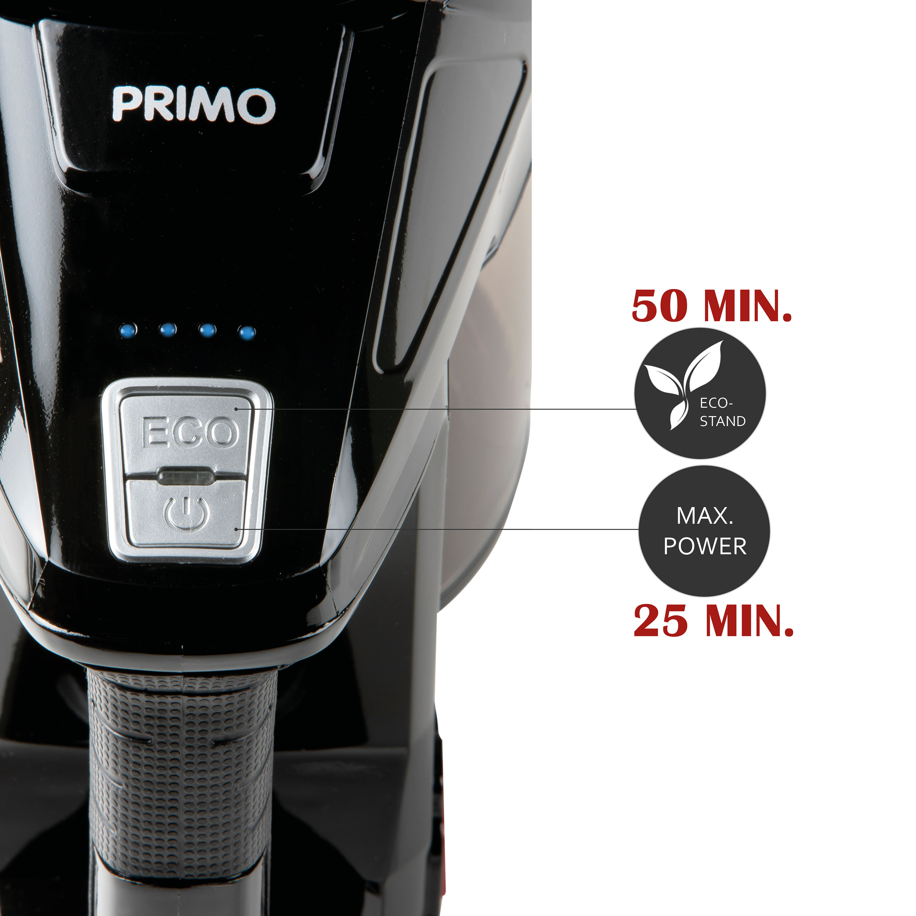 Gros plan d'un aspirateur noir, montrant les commandes et le temps d'utilisation.