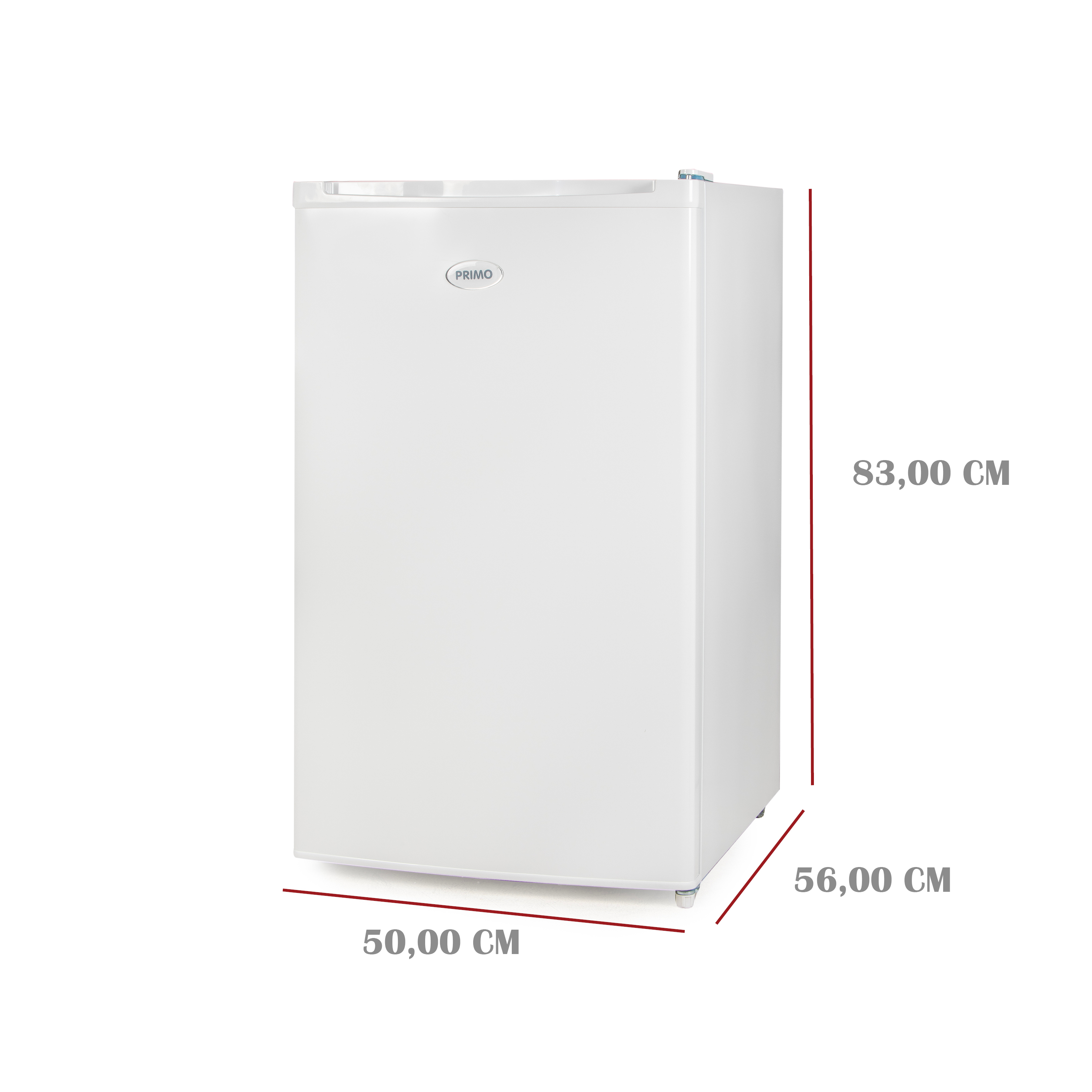 Réfrigérateur blanc avec dimensions. Le logo Primo est sur la porte.