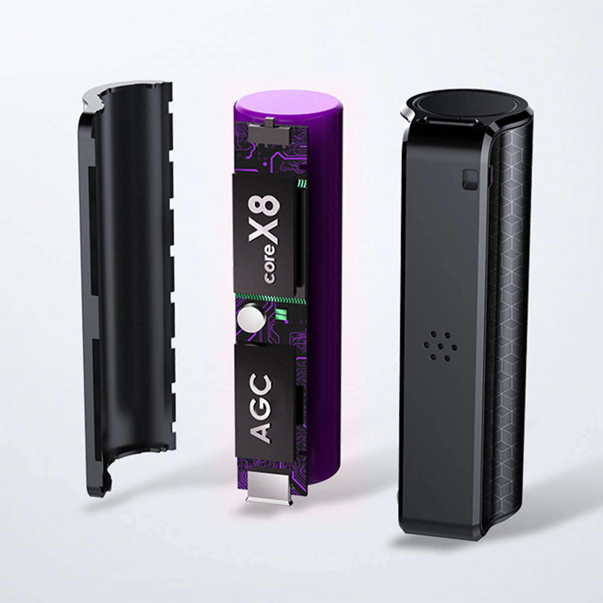 Ein zerlegtes, schwarz-violettes elektronisches Gerät. Text: Core X8, AGC.