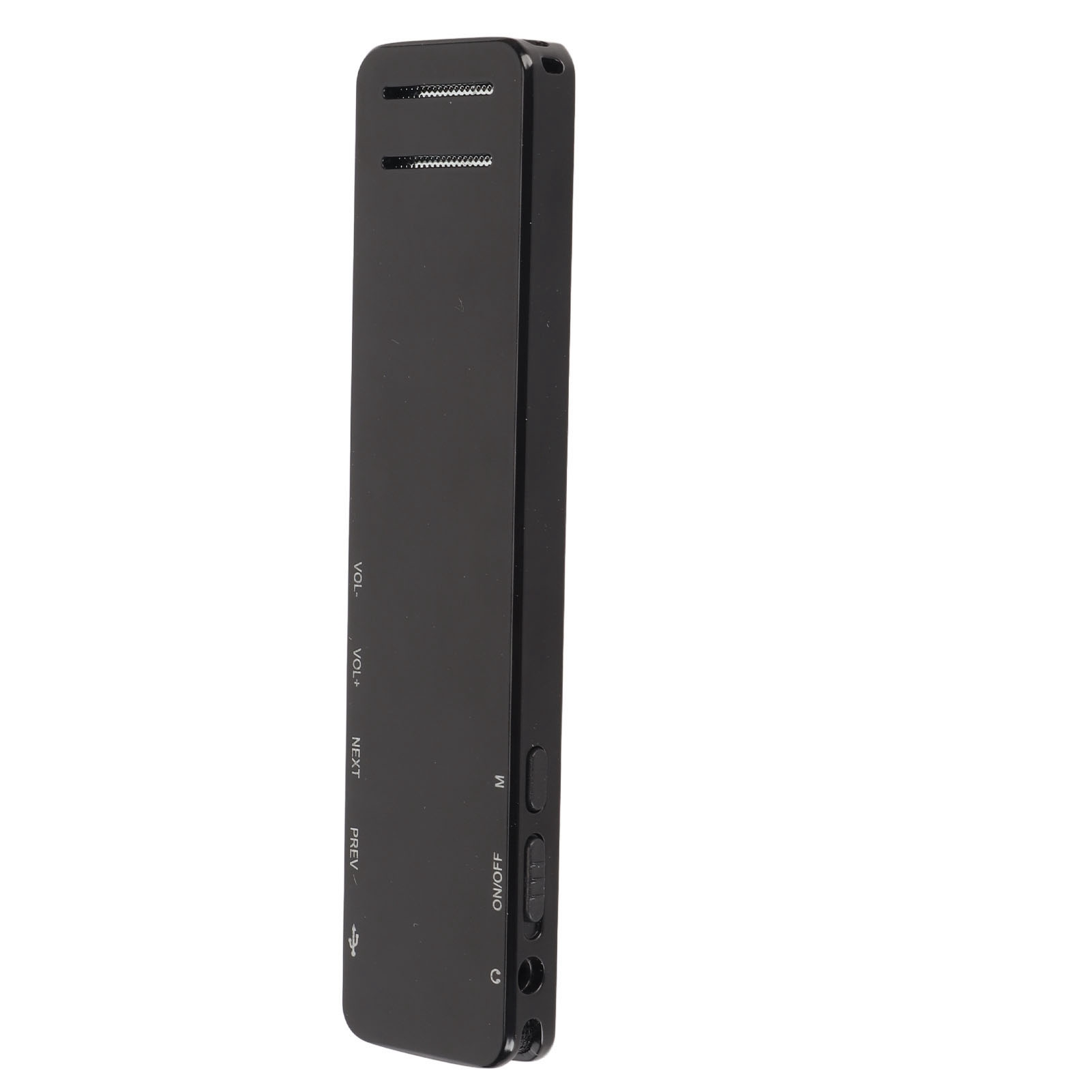 Schwarzer, rechteckiger Audiorecorder mit Tasten. Enthält Ein-/Aus-Tasten, Lautstärke, Weiter, Zurück.