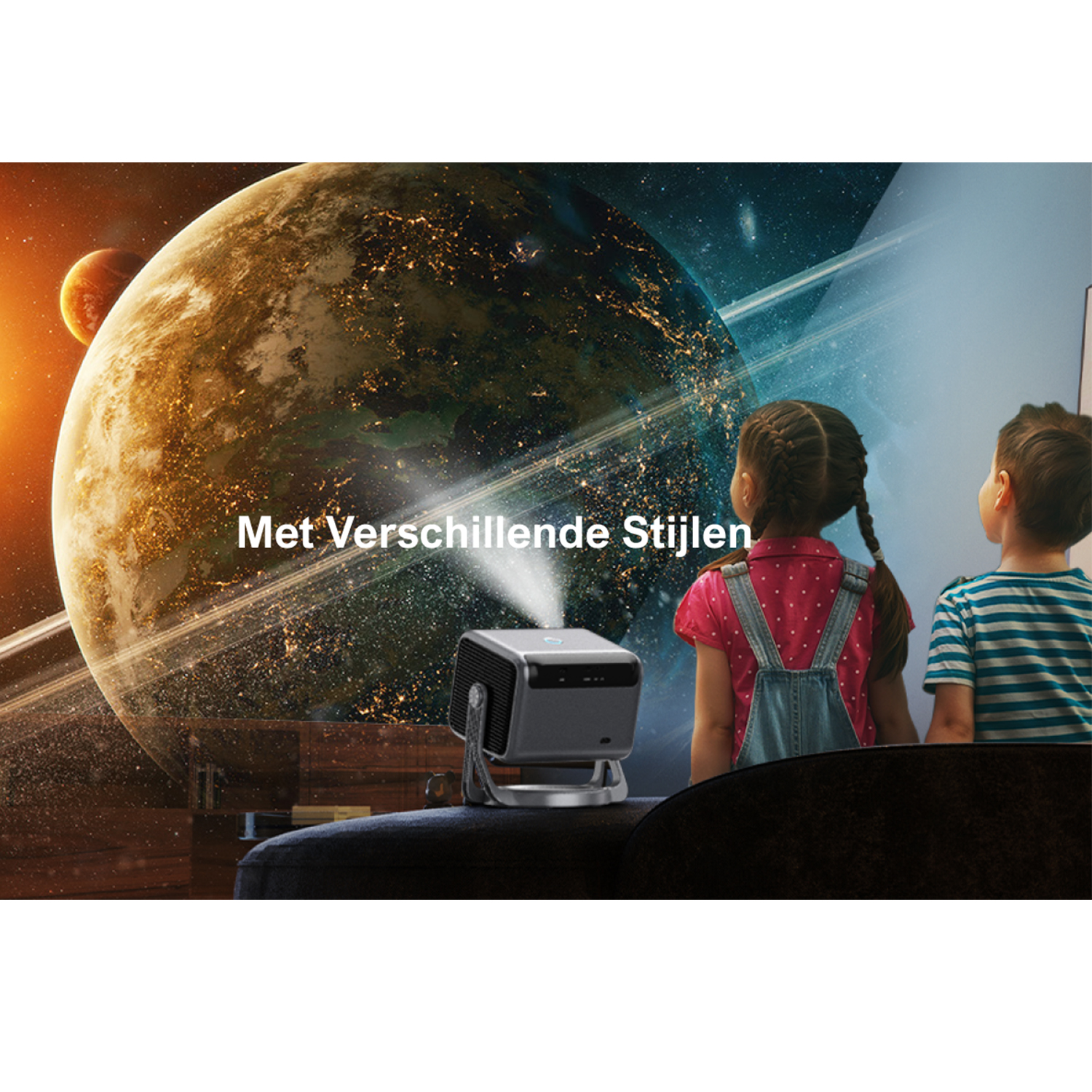 A projector displays a planet image as two kids watch, highlighting its versatility for home entertainment.