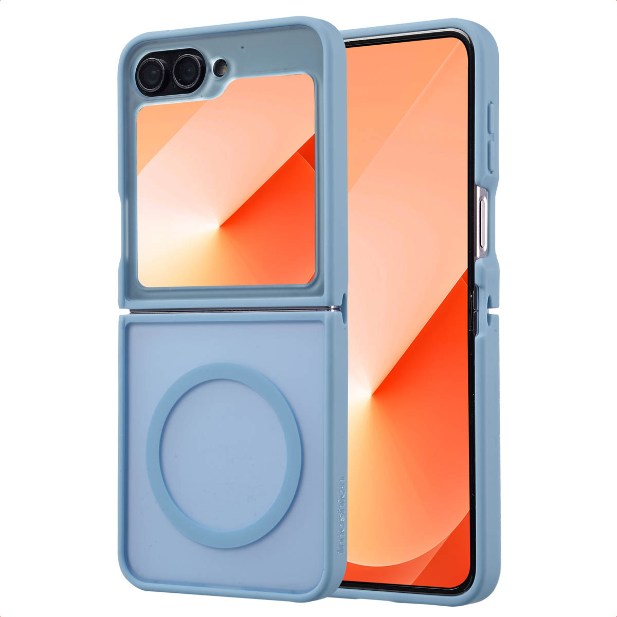 Geopende blauwe telefoonhoes op een opgevouwen telefoon met oranje scherm, camera zichtbaar.
