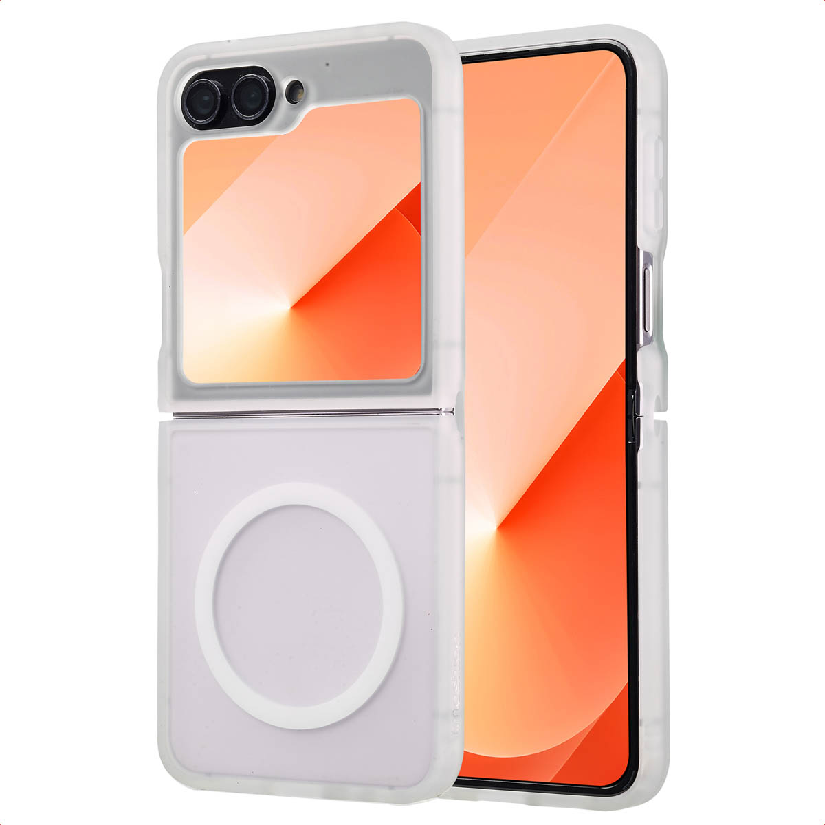 Een lichte telefoonhoes op een omgeklapte telefoon. Het scherm is oranje. De hoes is wit.