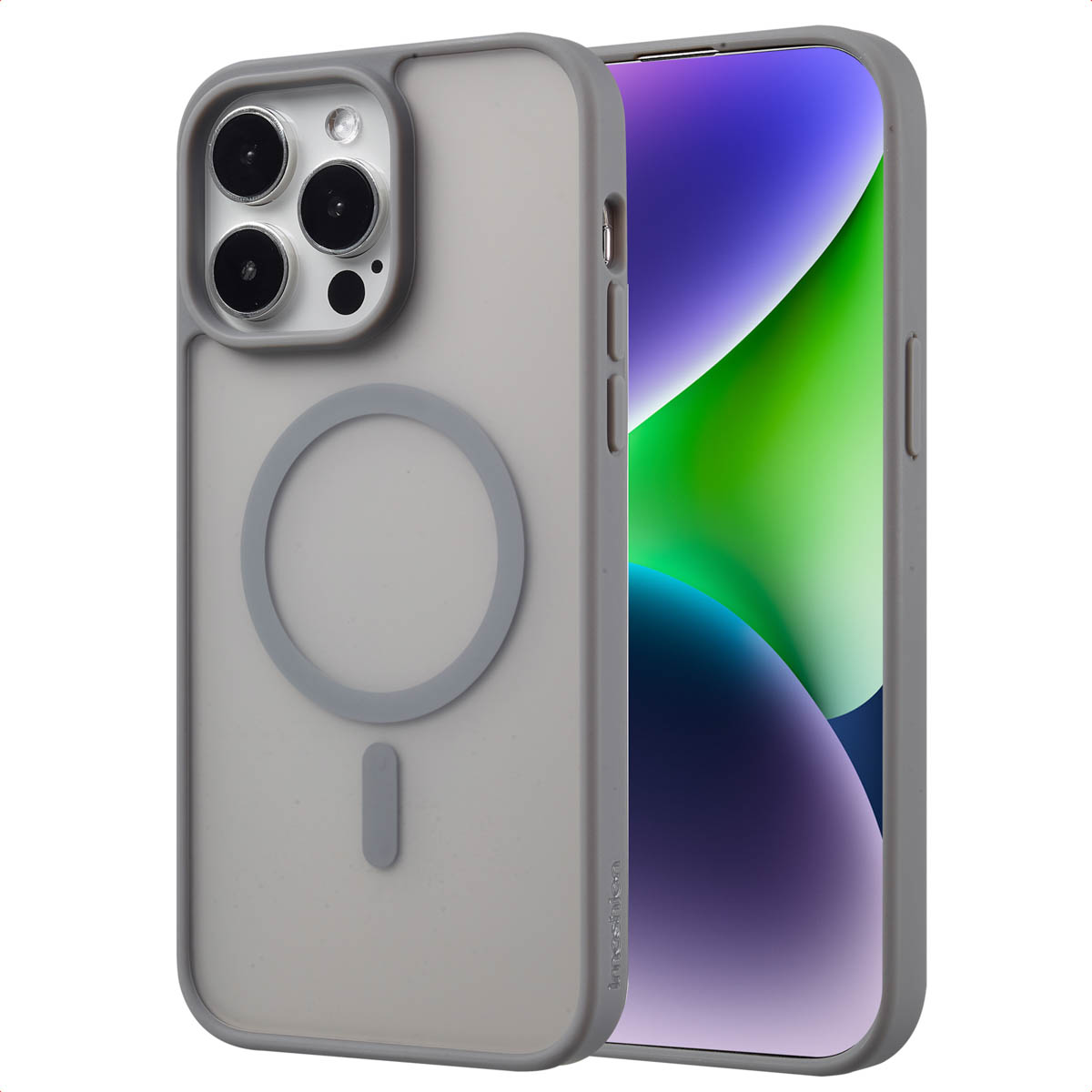 Une coque de téléphone grise avec une découpe circulaire, logeant un téléphone avec un fond vert.